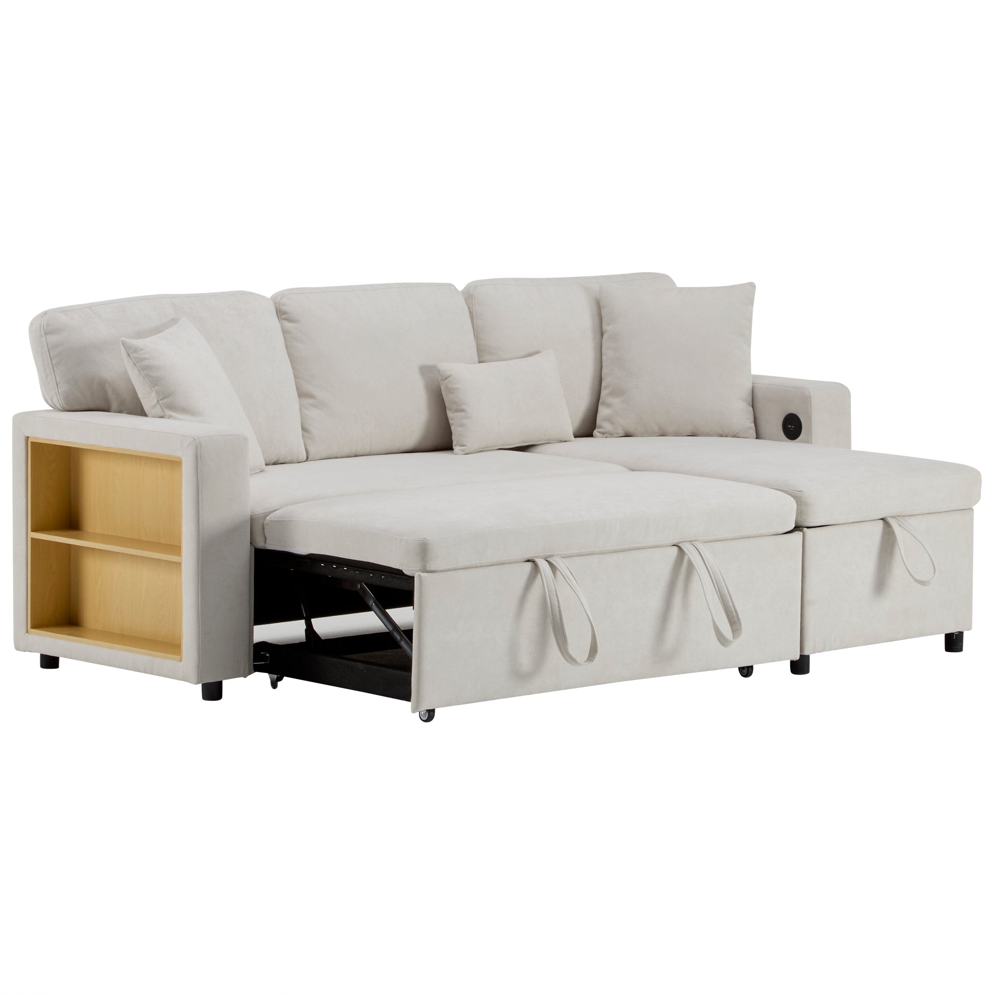 Logidon corner sofa bed L-shape extendable beige with bed box shelf