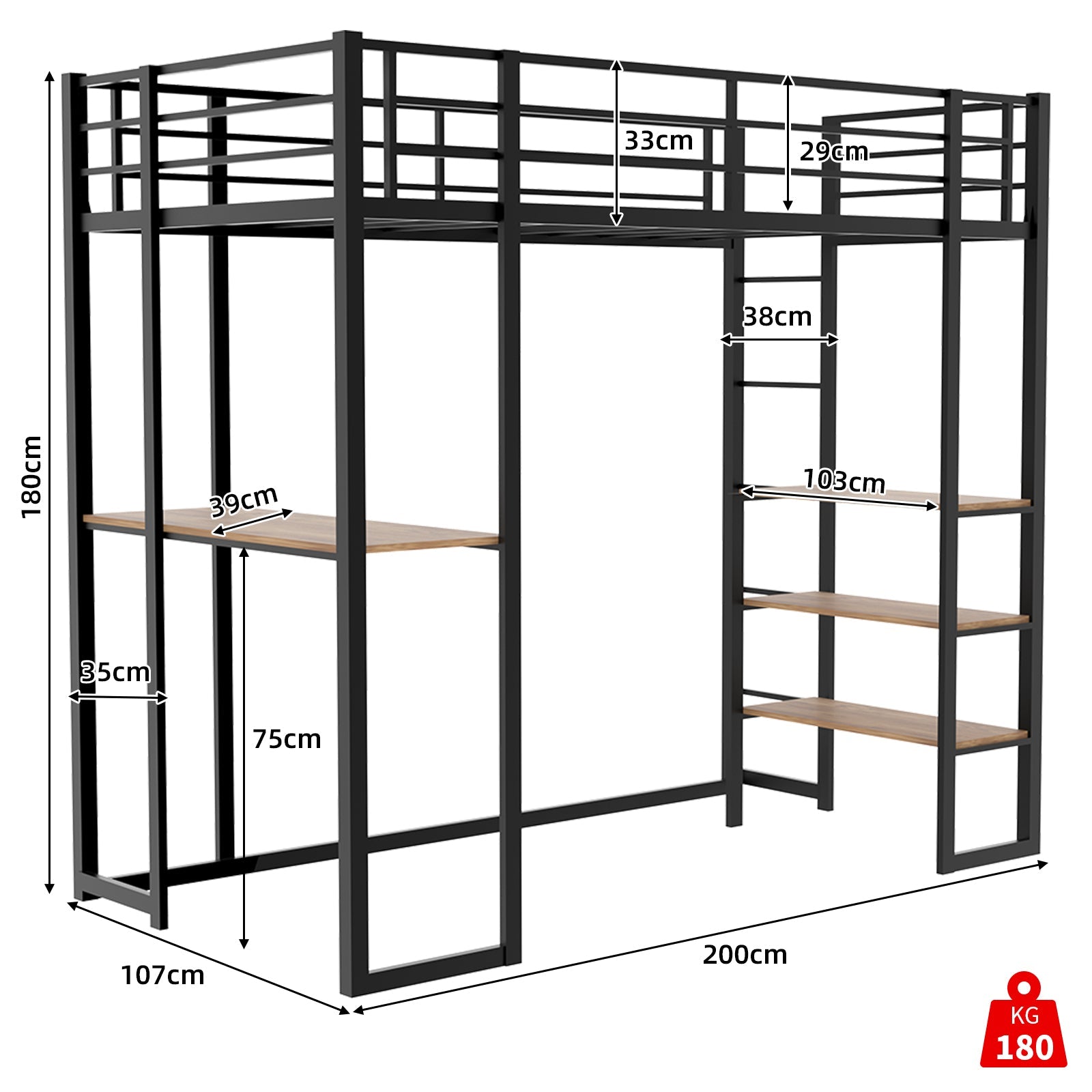Logidon ijzeren framebed met L-bureau en trap zwart