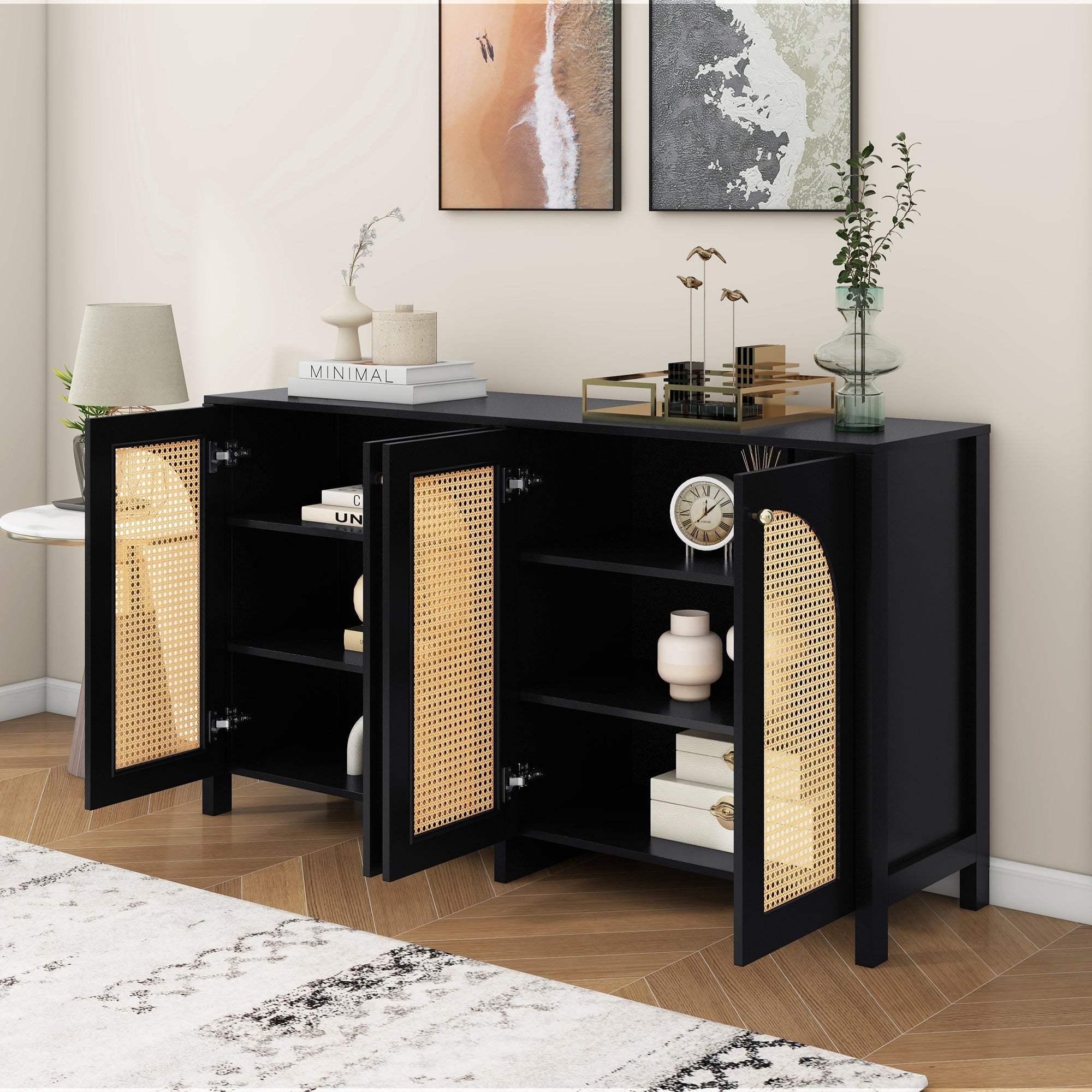 Logidon Dressoir Zwart Met Rotan Deuren Modern Buffet 145x40x80