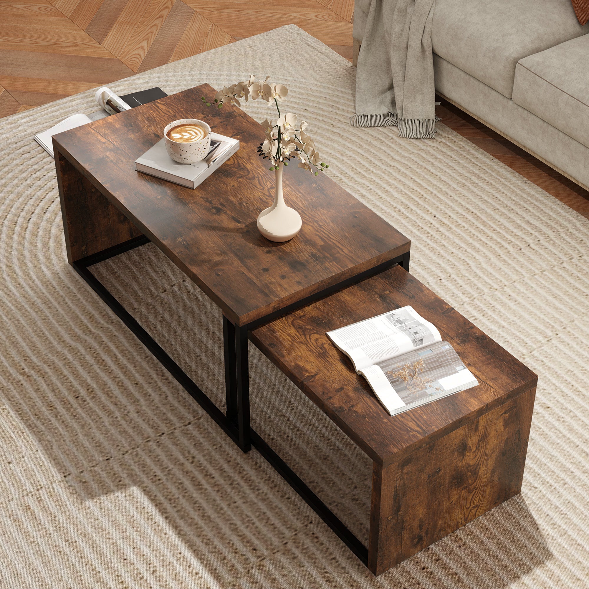 Logidon Set van 2 salontafels Bruin hout Metalen onderstel Elegant 90x48 cm