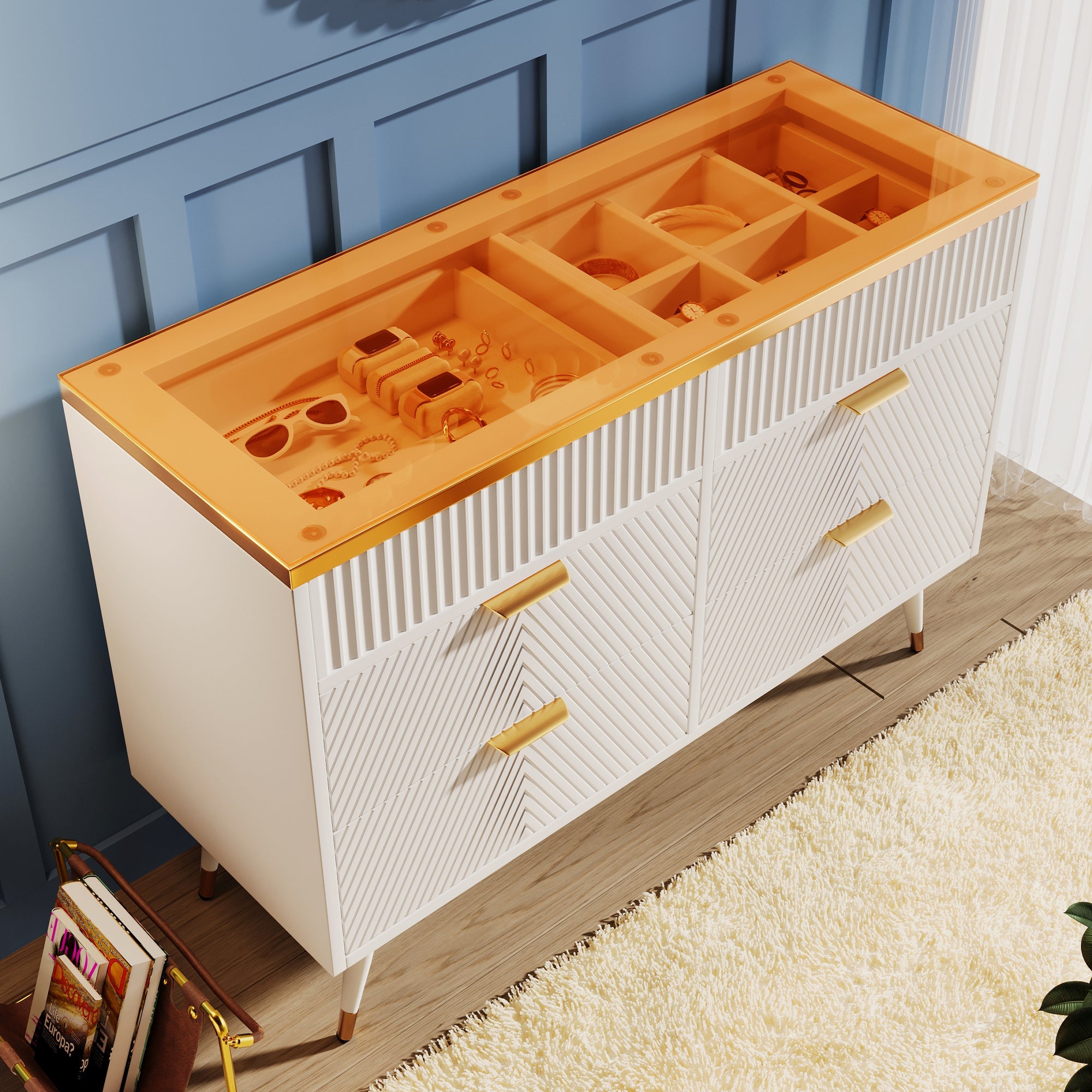 Logidon ladekast amber glazen dressoir 6 lades 120x40x76 wit