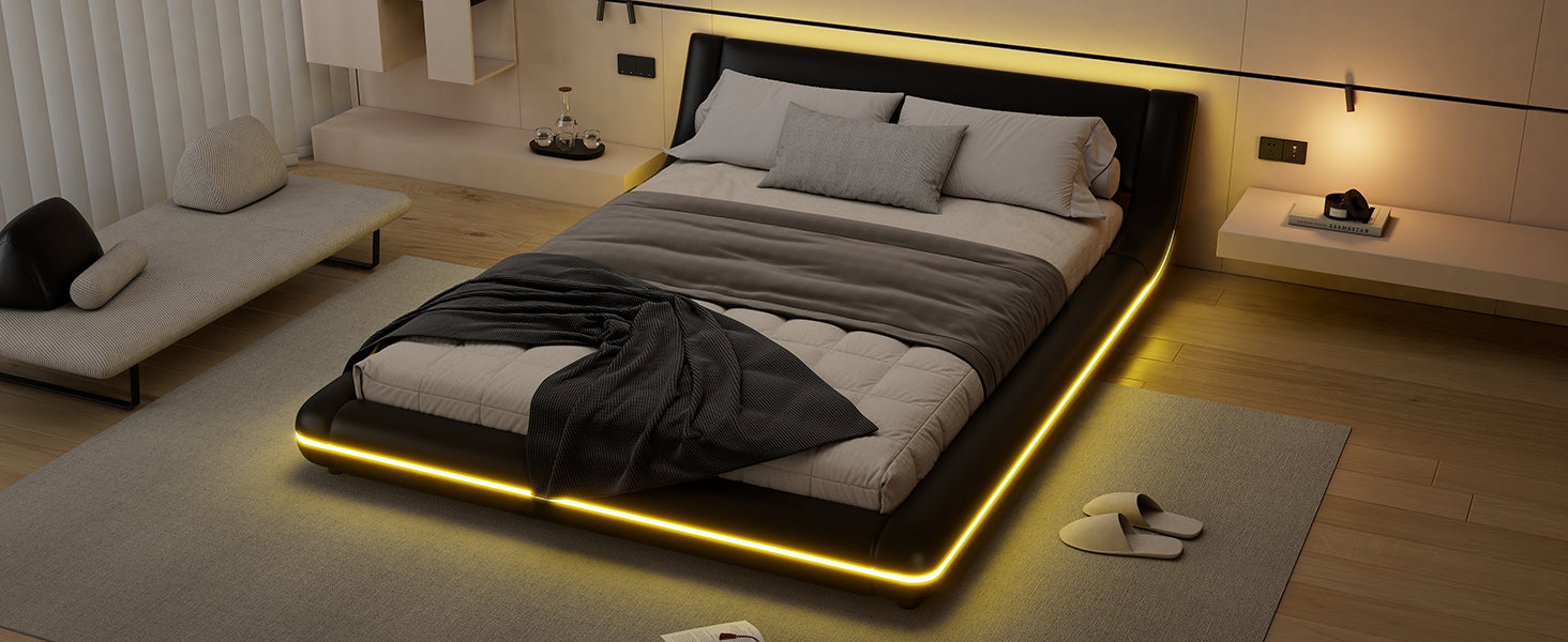 Logidon flat bed 140x200 cm faux leather black LED lighting