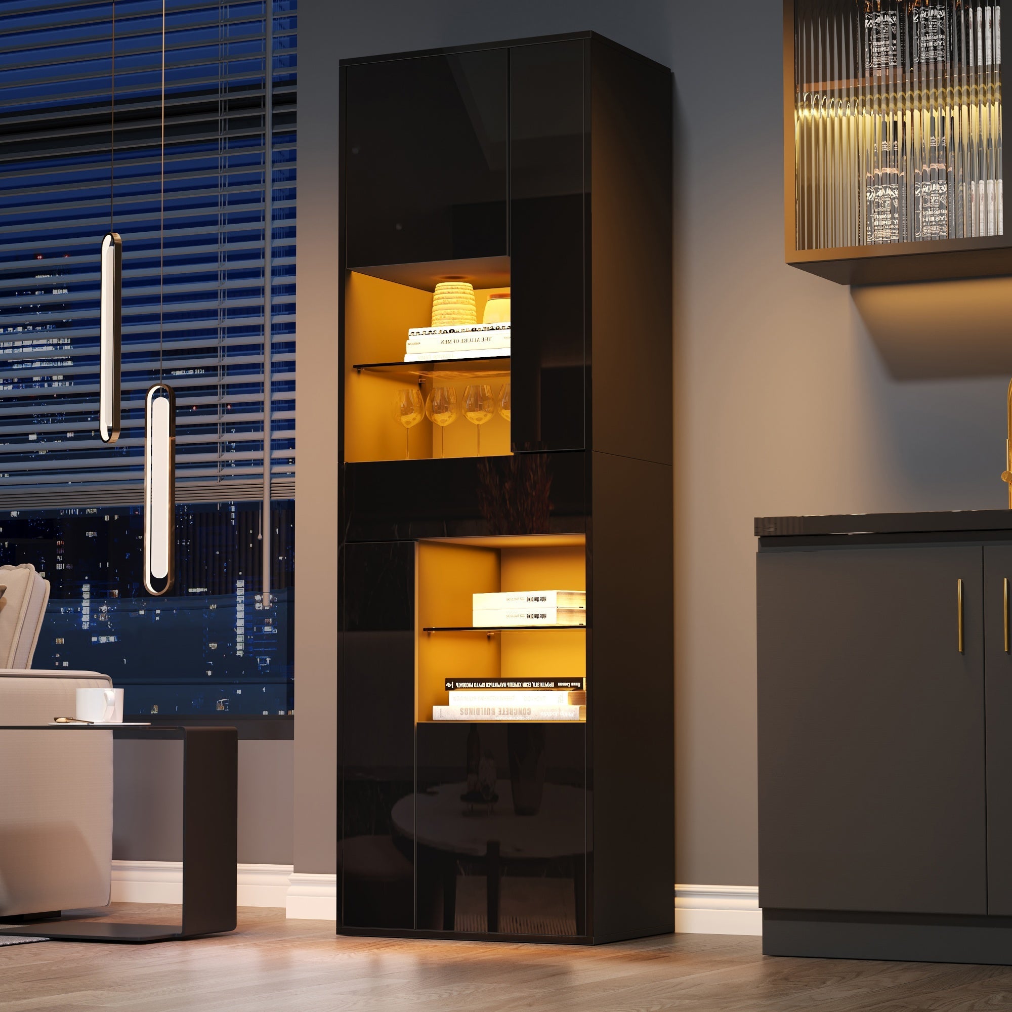 Logidon zwarte hoogglans glazen vitrine 55 x 38 x 170 cm LED-verlichting