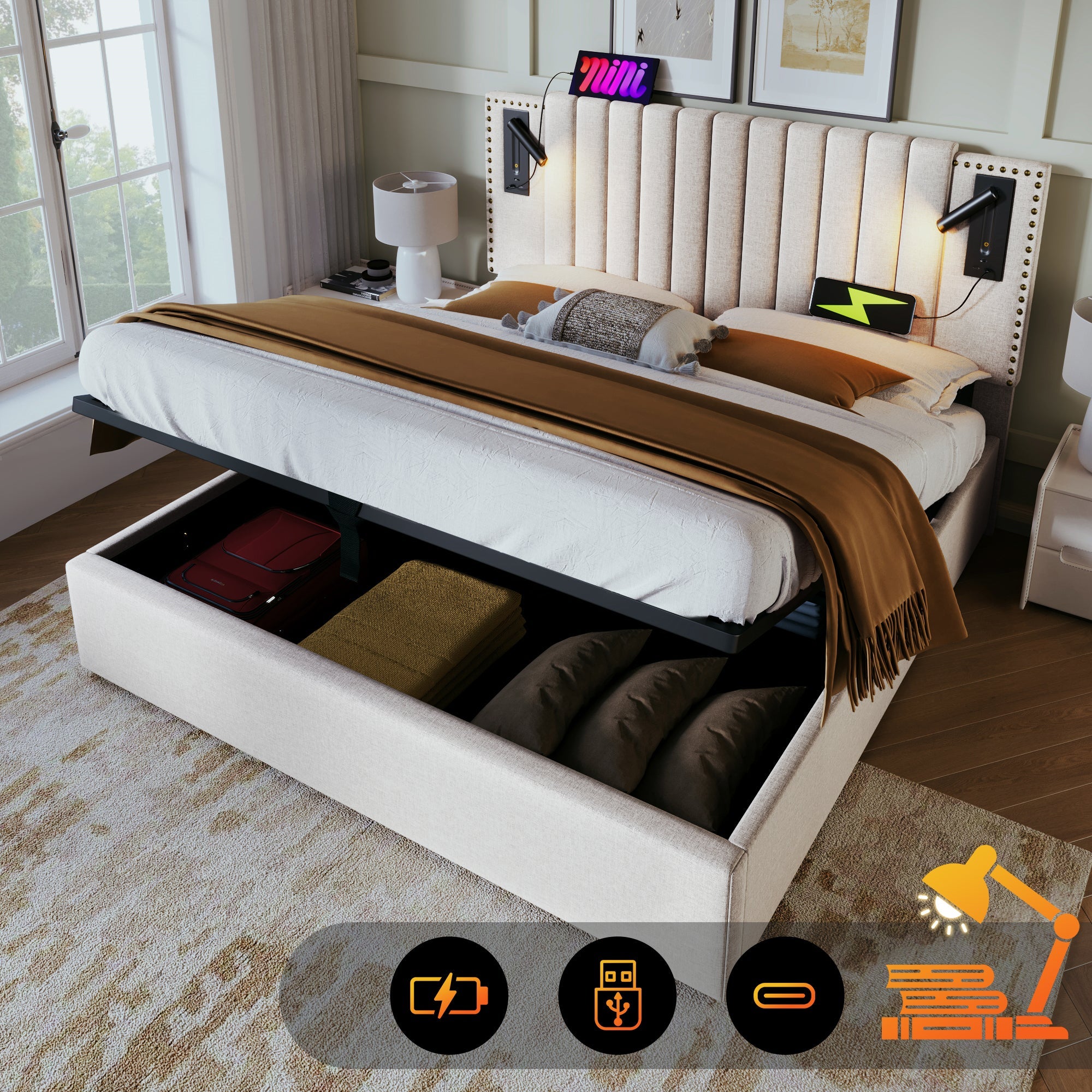 Logidon gestoffeerd bed 160x200 beige met opbergruimte en USB-leeslamp