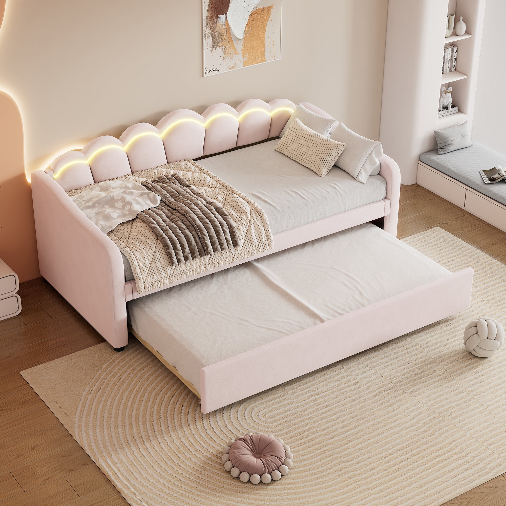 Logidon Daybed 90x200 cm daybed met uitschuifbaar bed roze fluweel