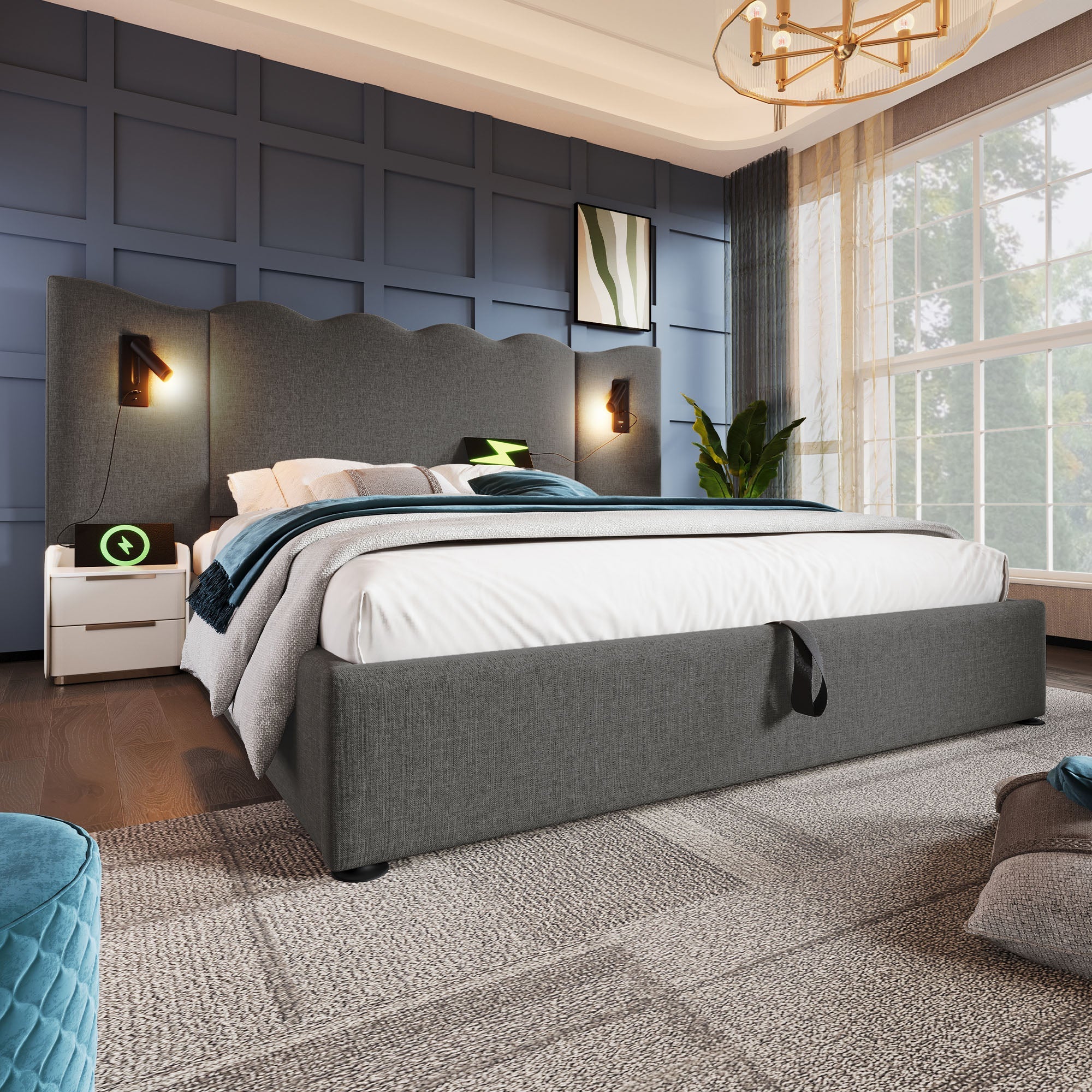 Logidon boxspringbed 160x200 grijs met opbergruimte USB C leeslamp