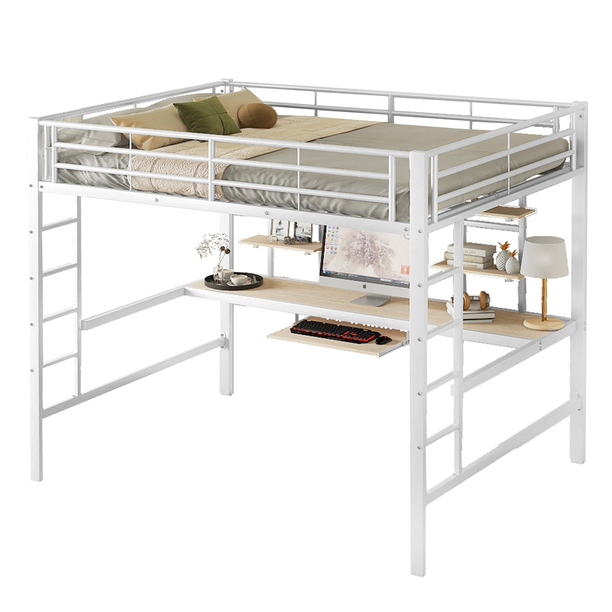 Logidon hoogslaper 140x200 cm metalen bed met bureau en plank wit