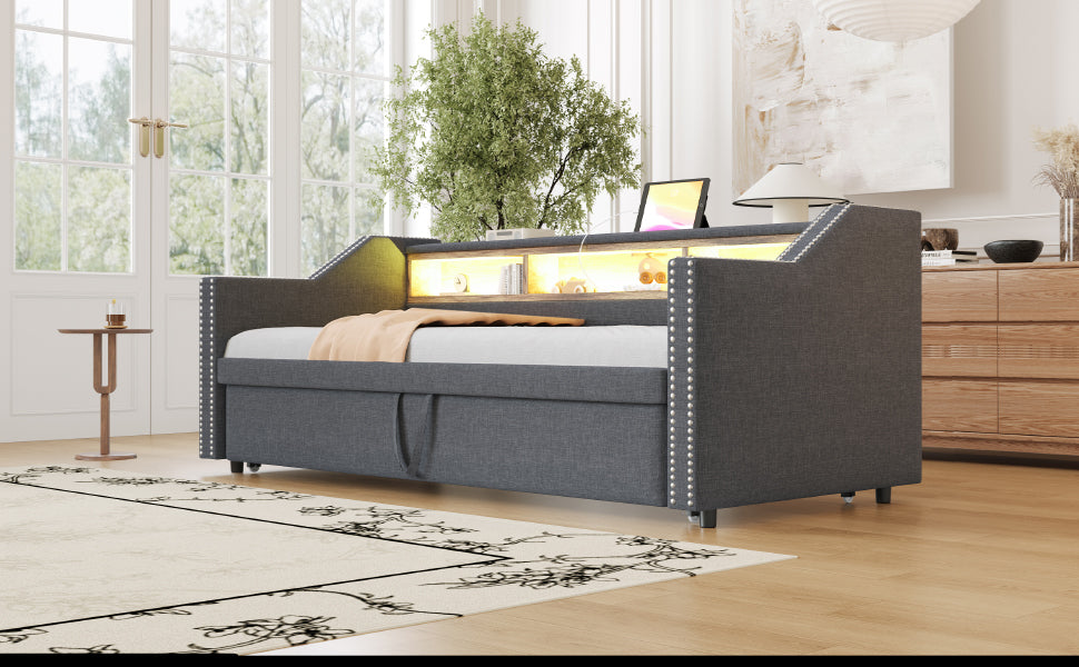Logidon uitschuifbare slaapbank 90/180x190 cm donkergrijs LED USB