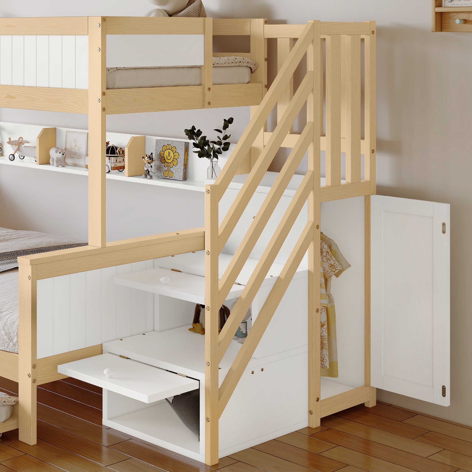 Logidon stapelbed naturel raster hoektrap onderschuifbed 90x200 120x200
