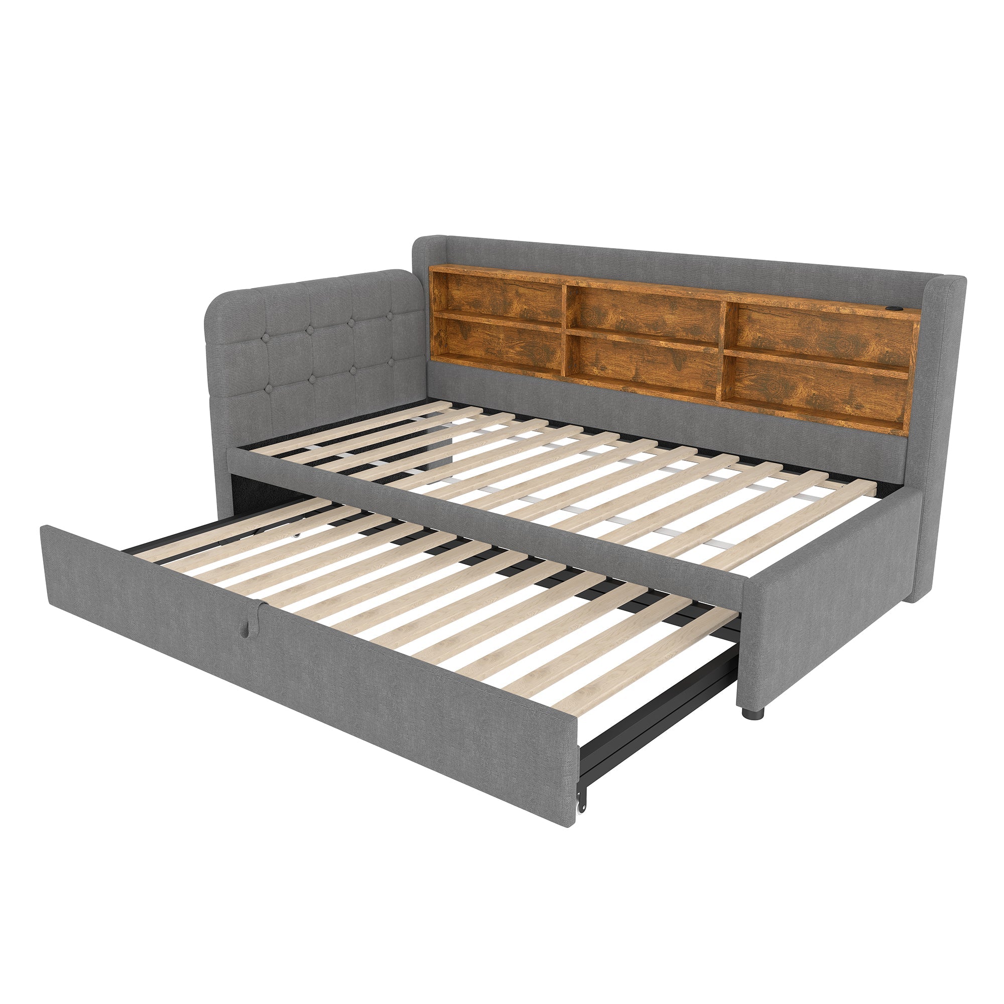 Logidon Daybed 90x200cm grijs linnen uitschuifbare slaapbank USB Type C