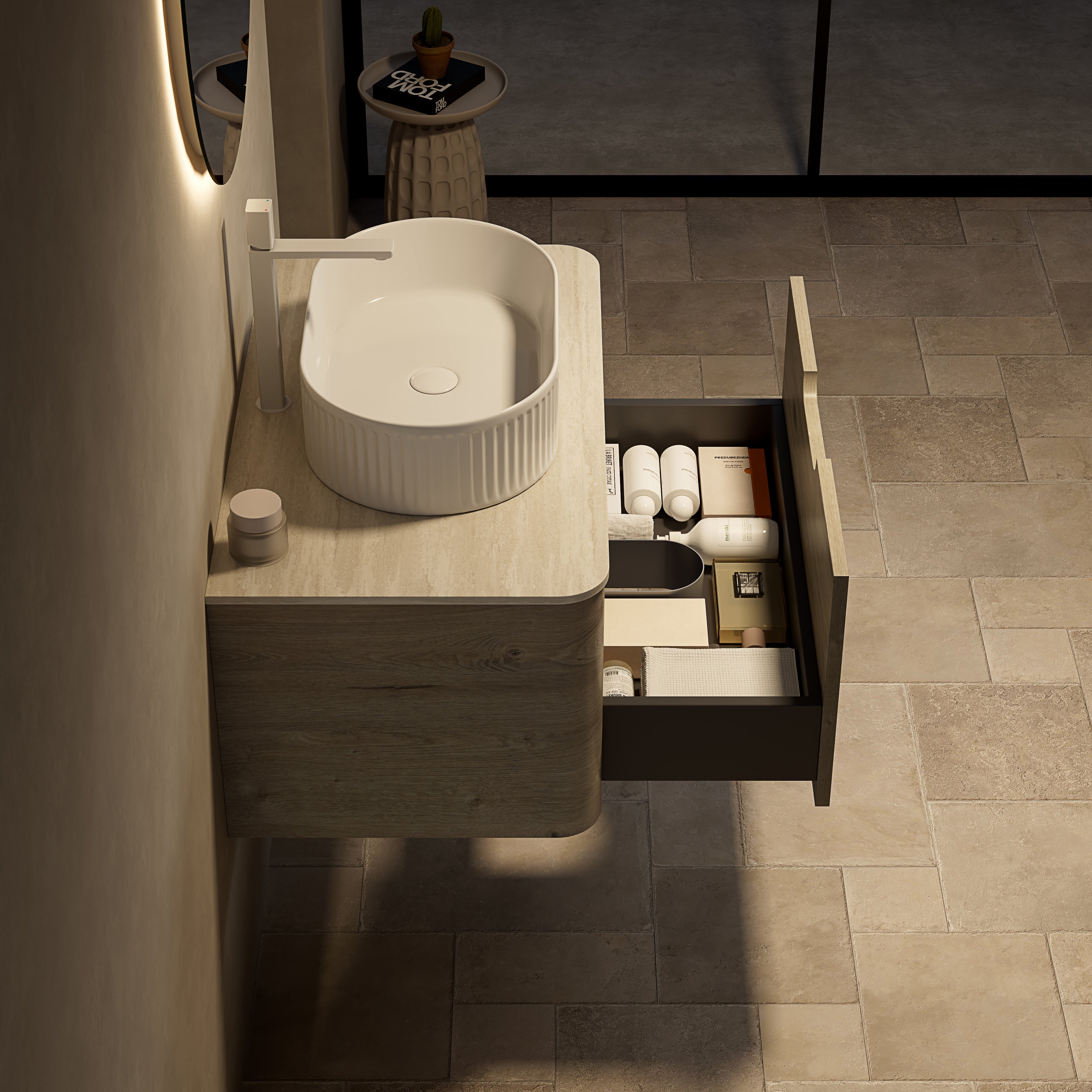 Logidon 80 cm floating bathroom furniture with travertine sintered stone top