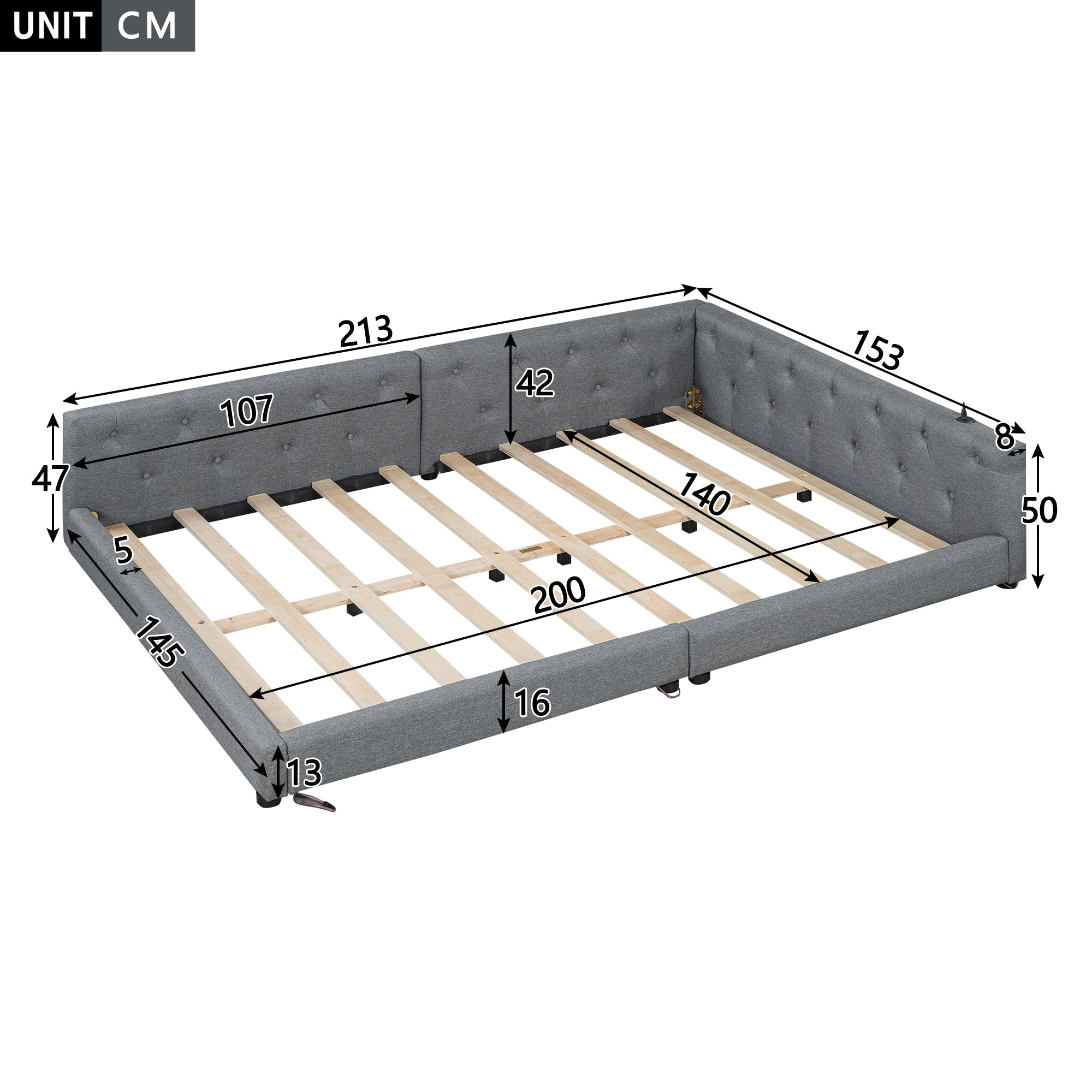 Logidon slaapbank 140x200 grijs met lattenbodem USB TypeC verlichting