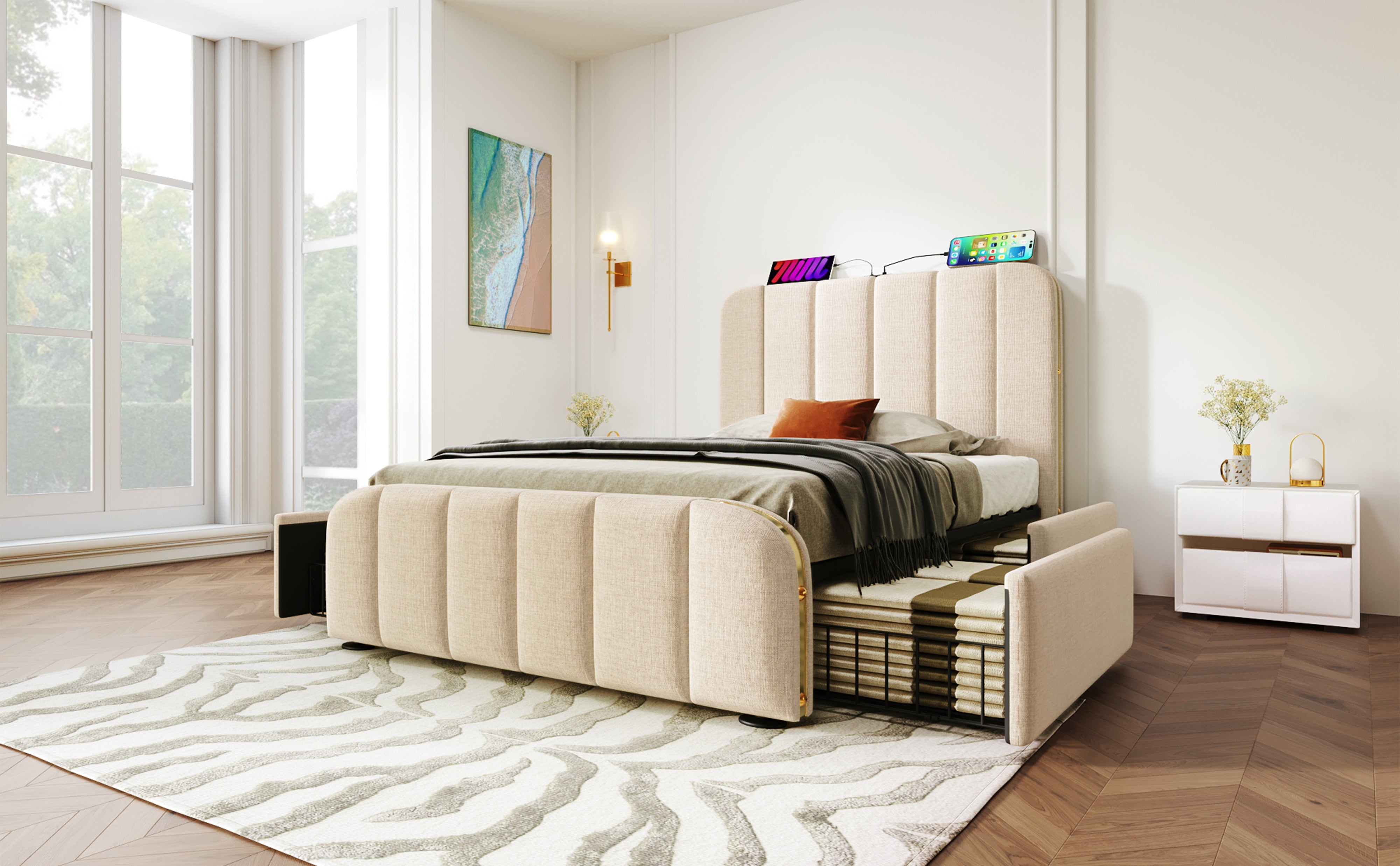 Logidon gestoffeerd bed 90x200 beige USB Type C oplaadfunctie 4 lades