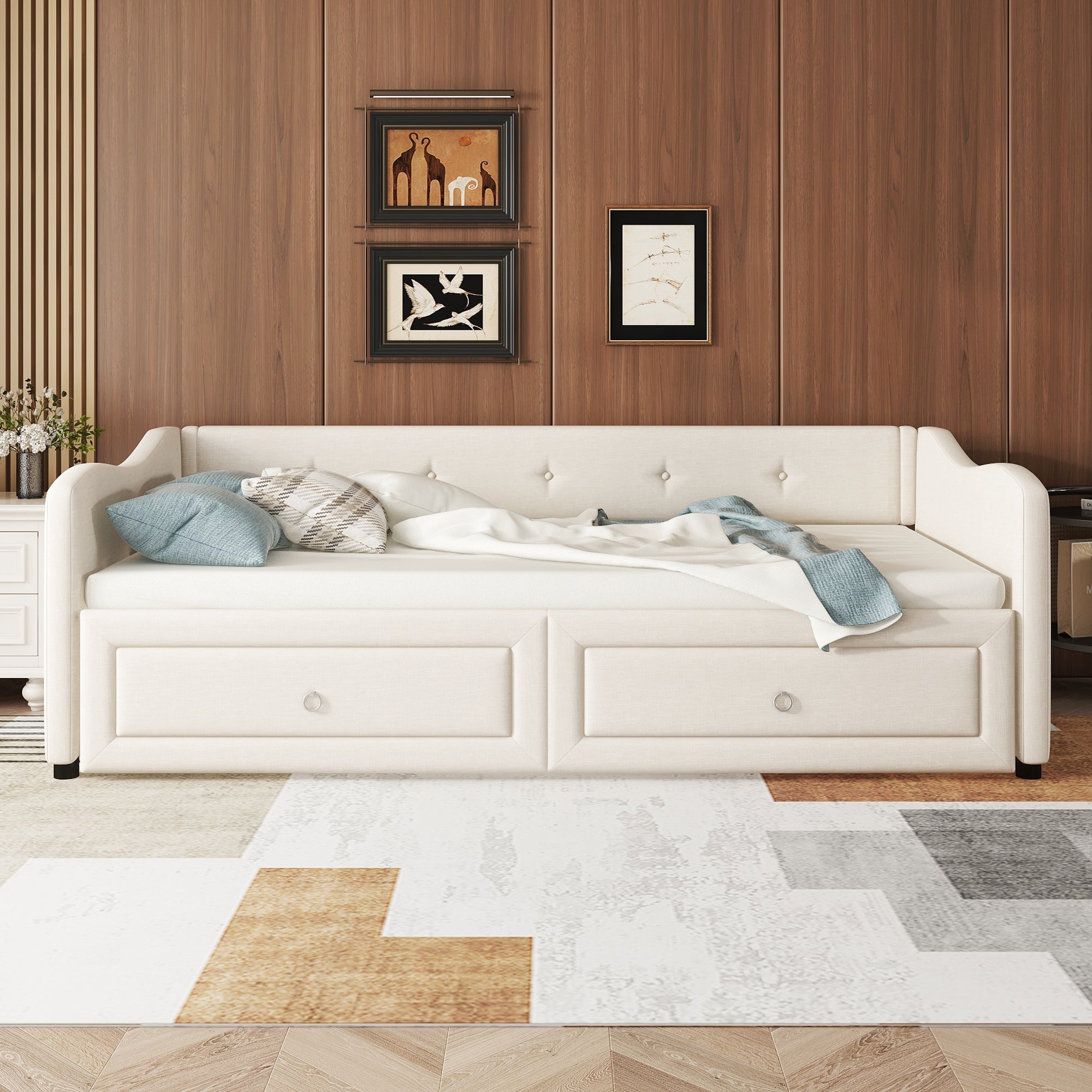Logidon dagbed 90x200cm beige linnen met uitschuifbaar bed