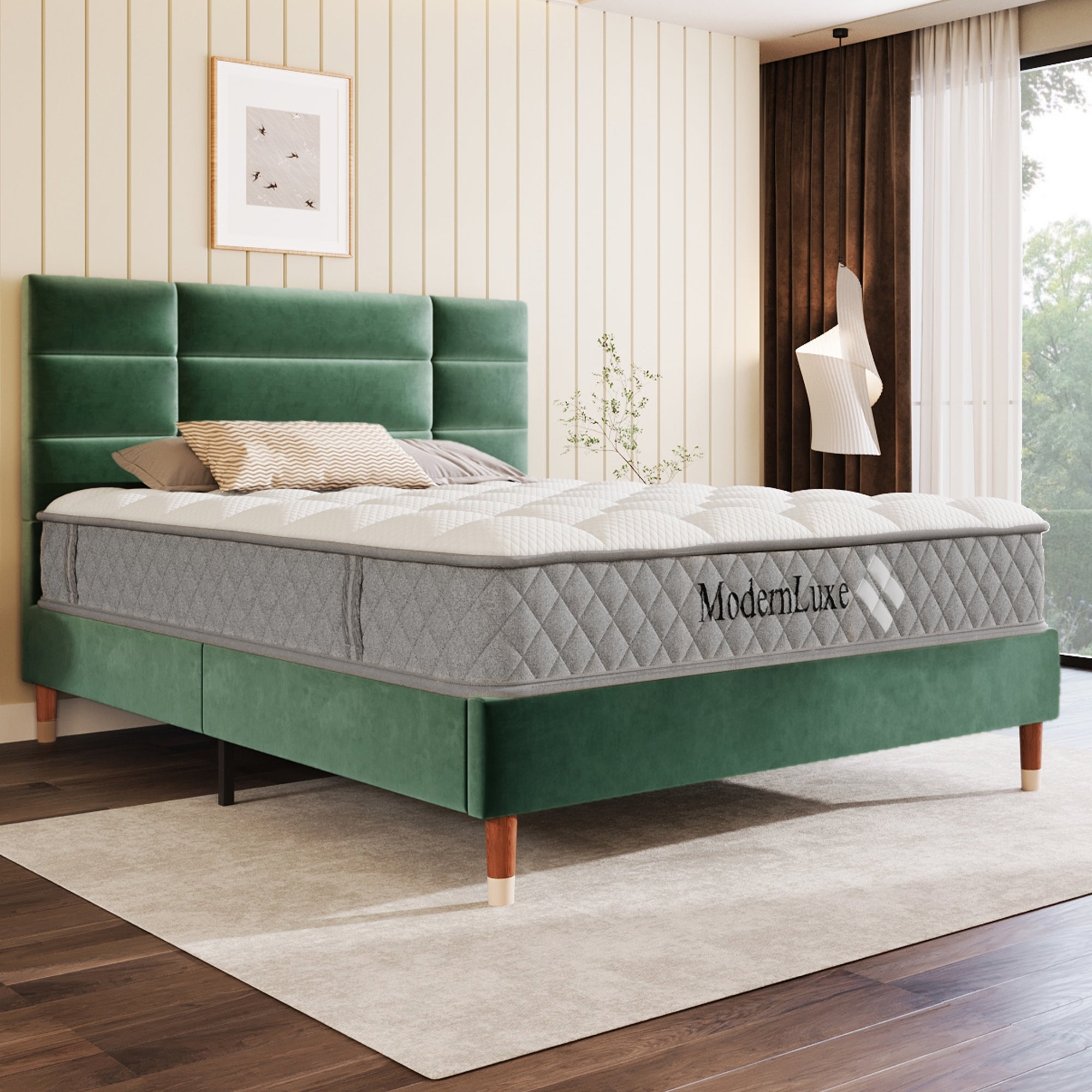 Logidon gestoffeerd bed tweepersoonsbed 140x200 donkergroen fluwelen lattenbodem