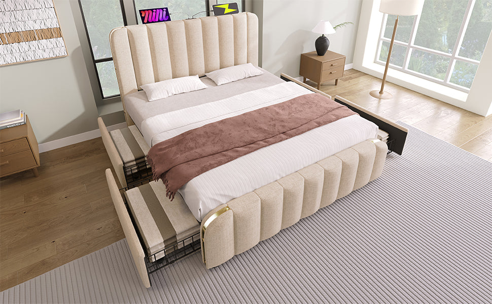 Logidon gestoffeerd bed 160x200 beige met USB oplaadfunctie en 4 lades