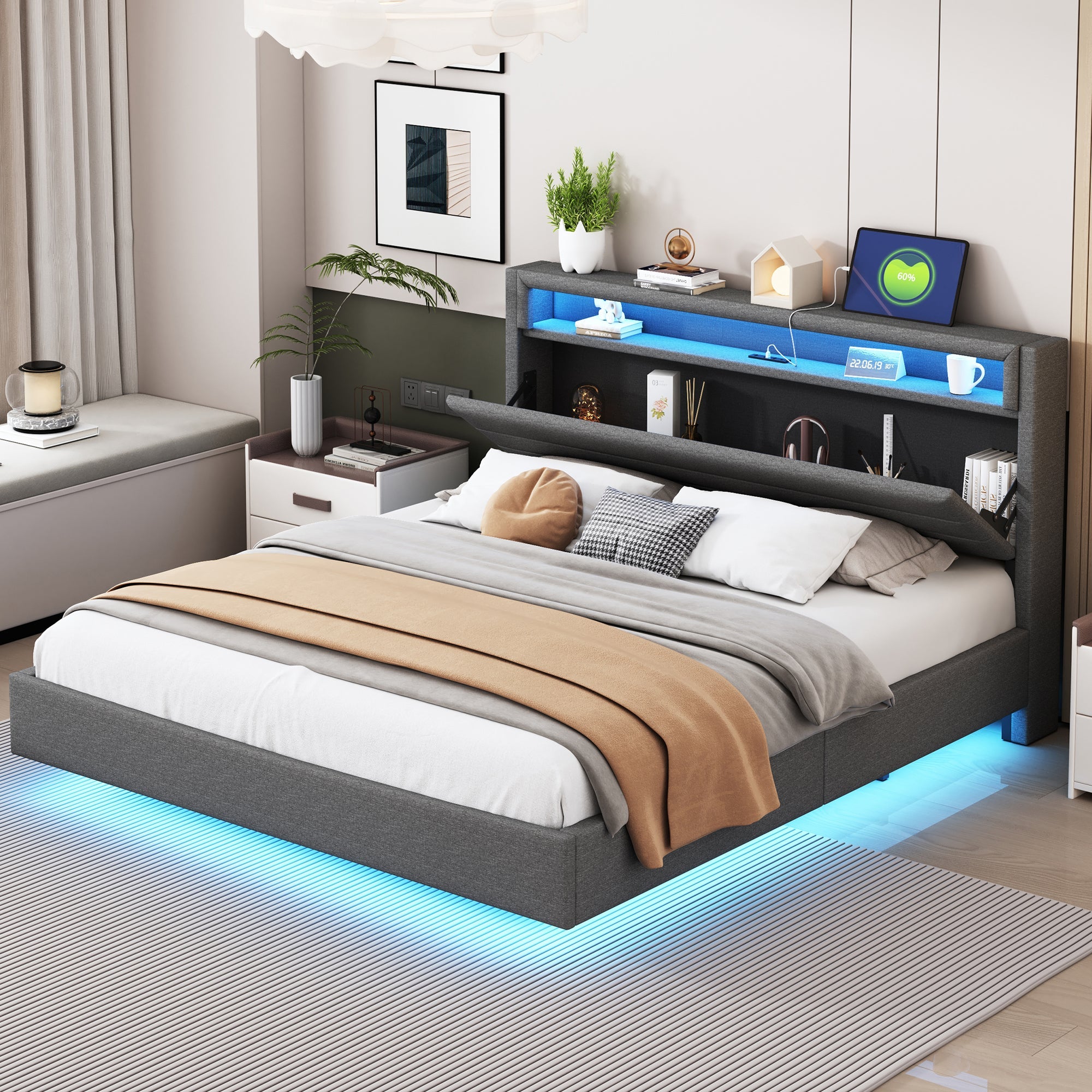 Logidon gestoffeerd bed 160x200 linnen stof USB Omkeerbaar LED-hoofdeinde
