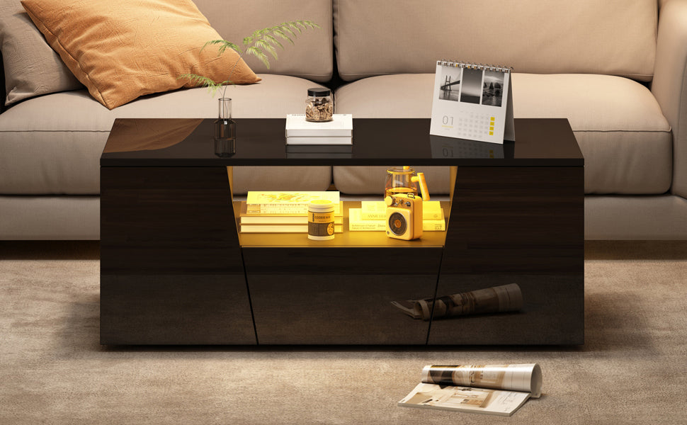Logidon coffee table 100x50x40 cm black with LED 2 cabinets 1 drawer