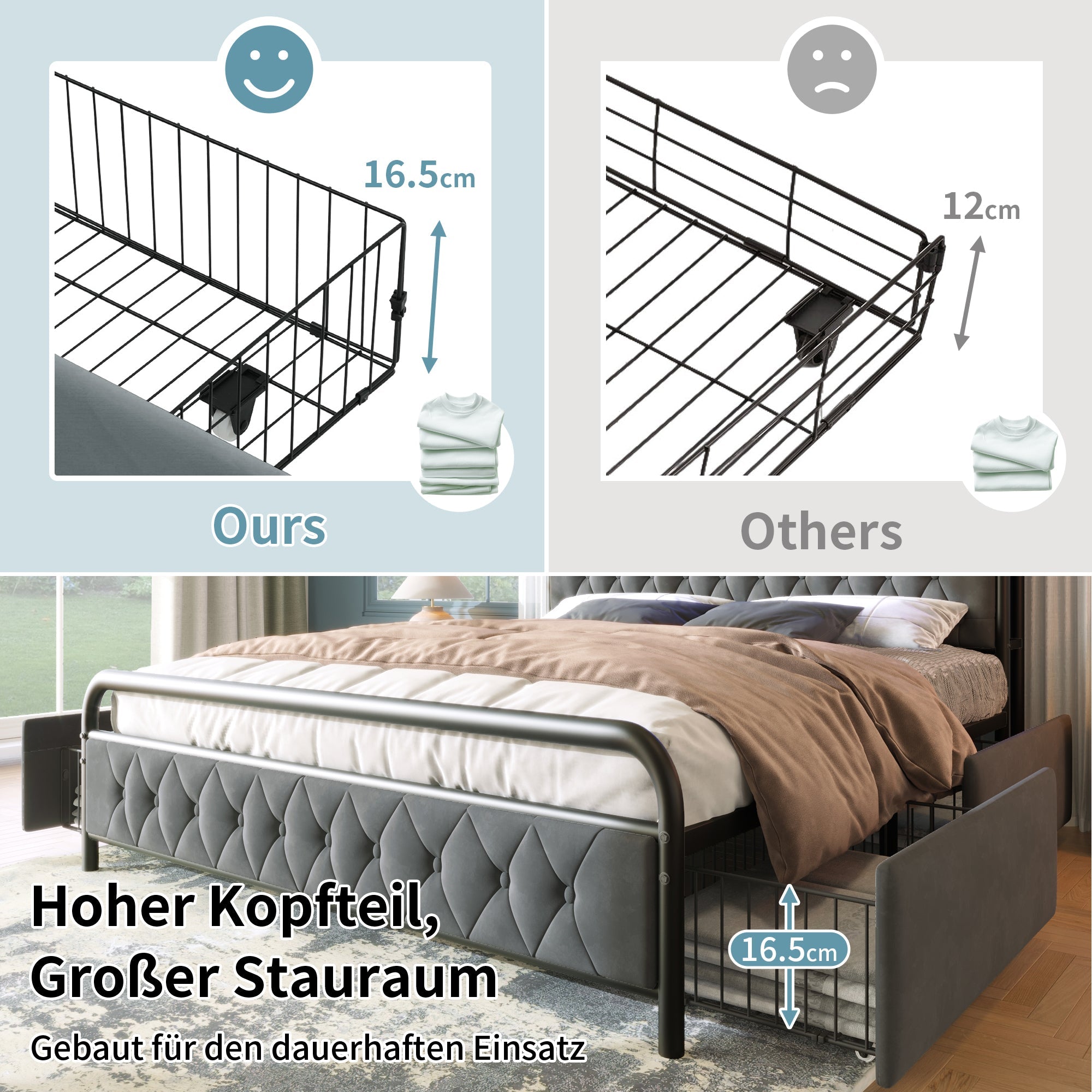 Logidon gestoffeerd bed tweepersoonsbed 160x200 fluweelgrijs USB-C oplaadfunctie LED