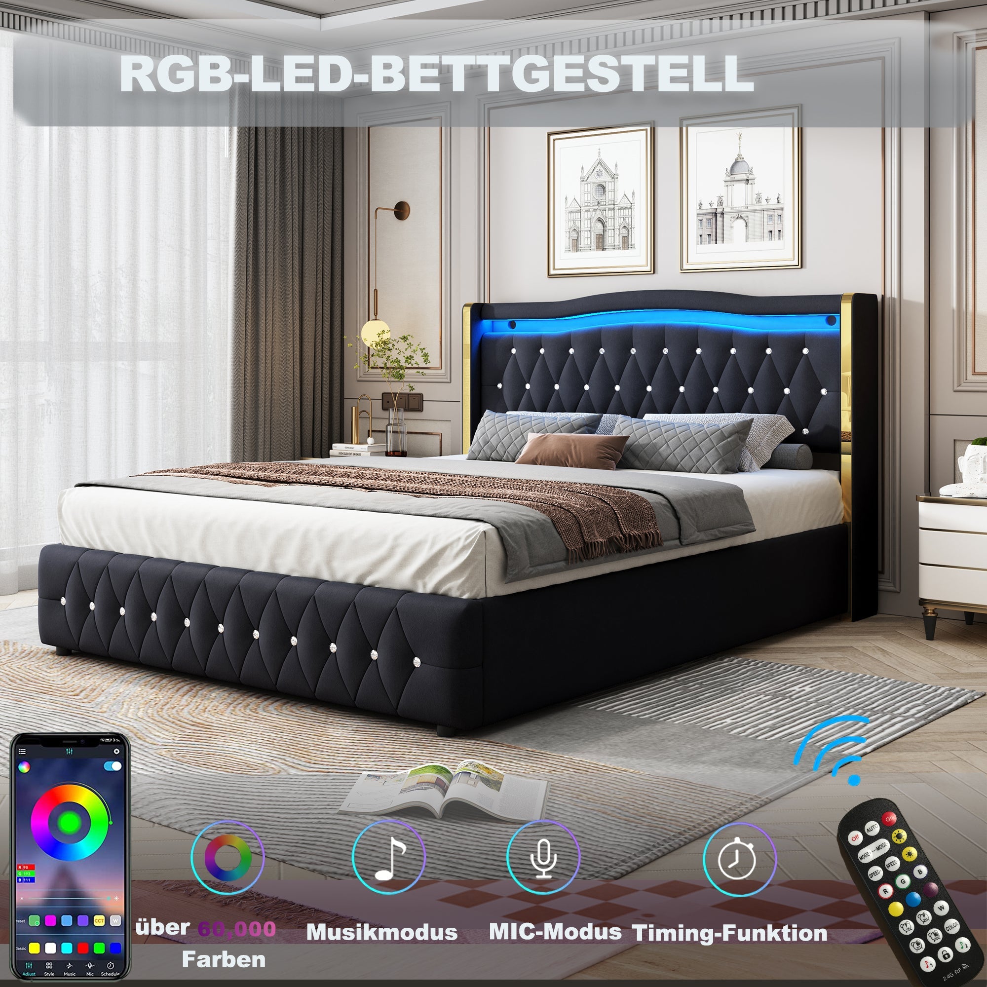 Logidon gestoffeerd bed 140x200 cm Velvet Black LED-verlichting