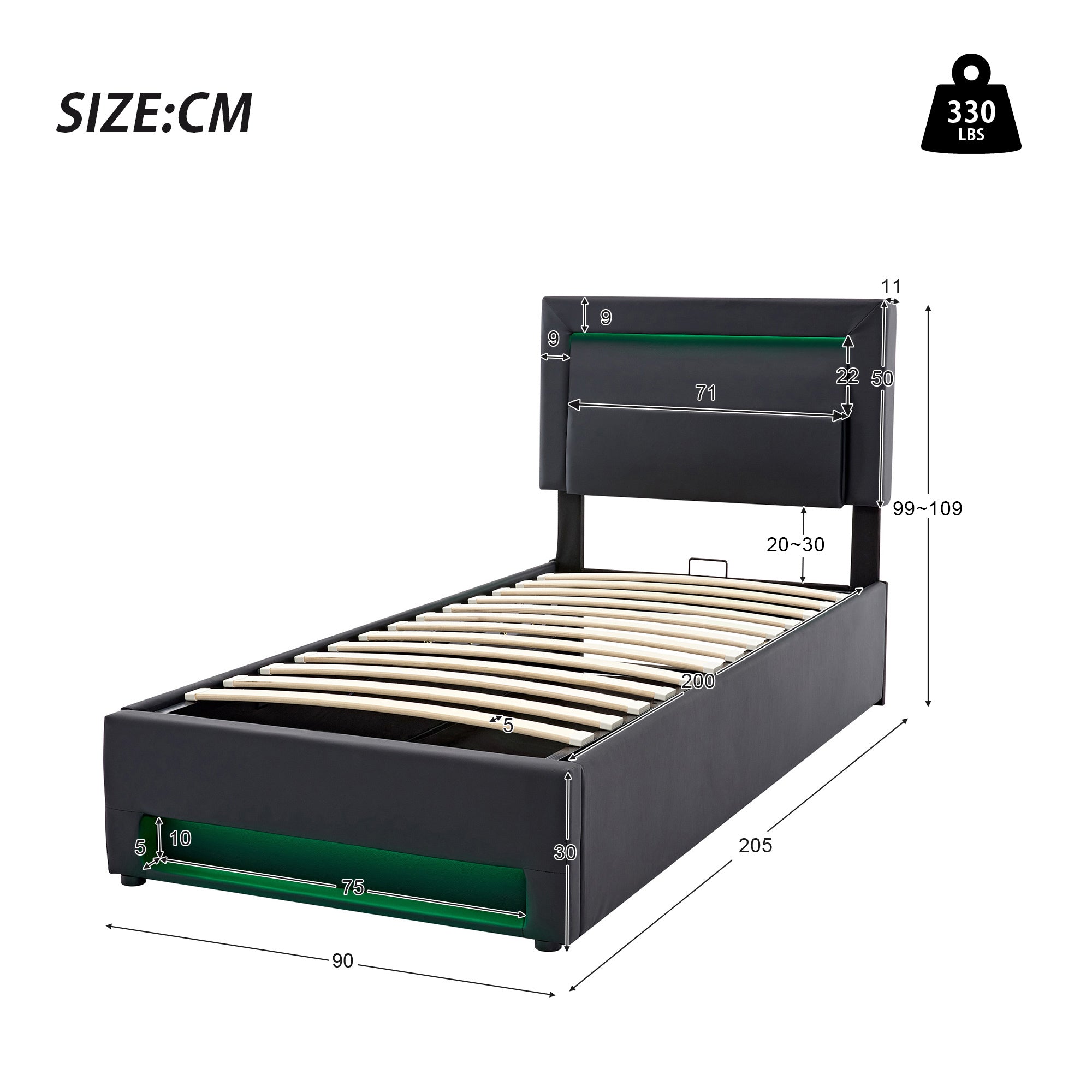 Logidon gestoffeerd bed 90x200 zwart USB-oplaadpoort LED-verlichting