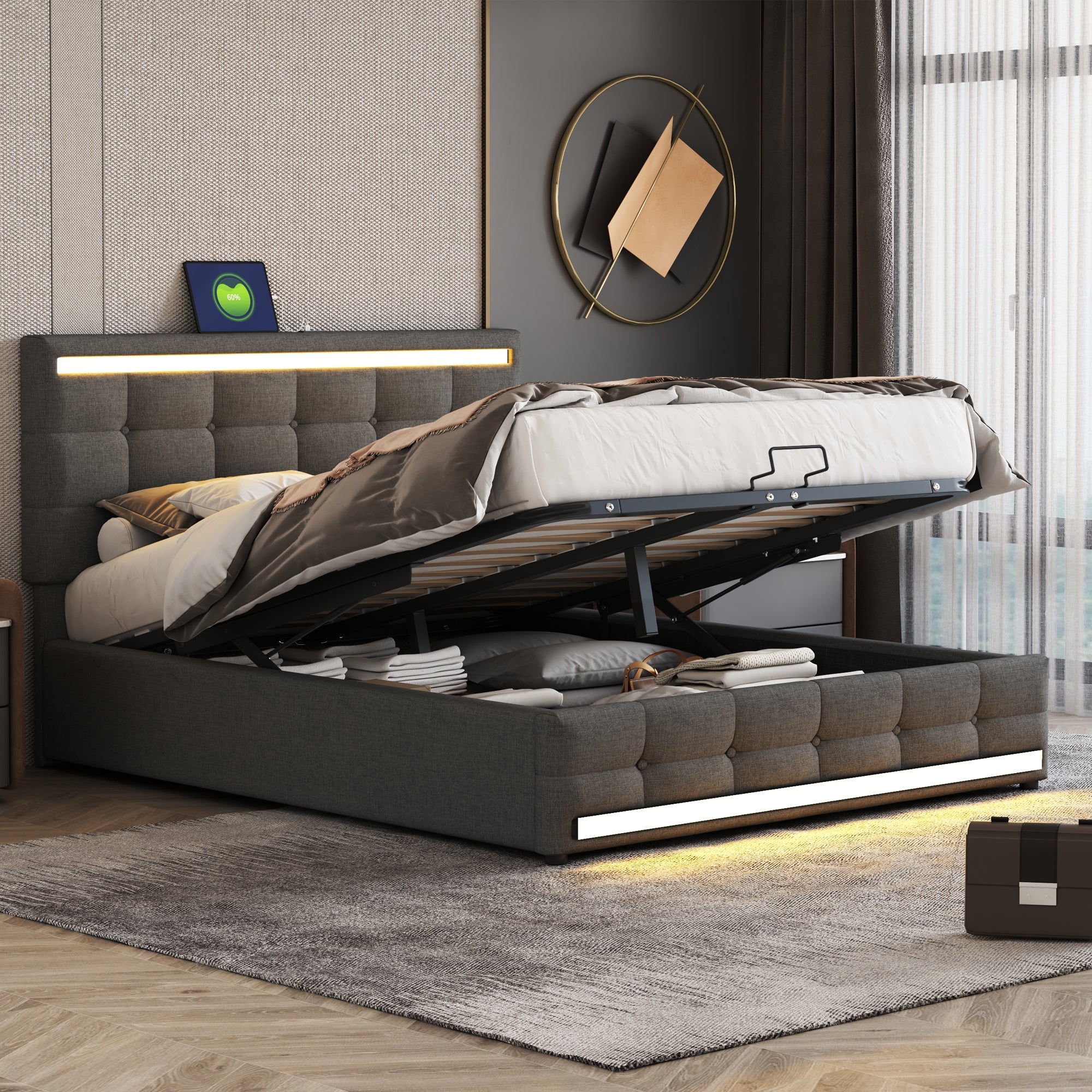 Logidon gestoffeerd bed 140x200 LED, opbergruimte, USB, grijs