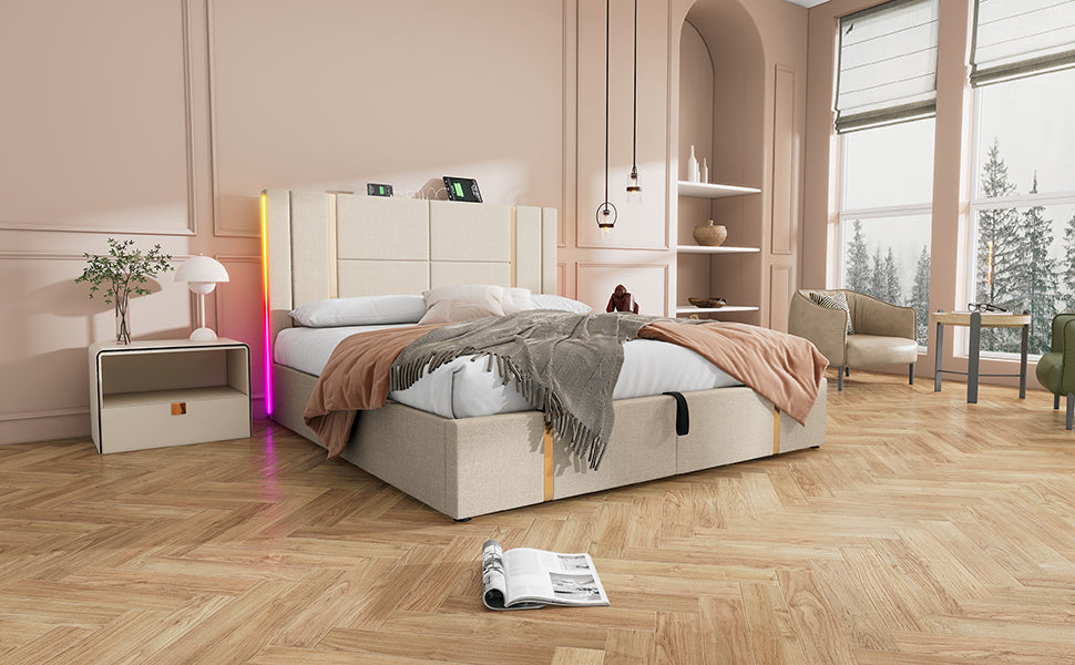 Logidon upholstered bed double bed 140x200 beige USB C charging function LED