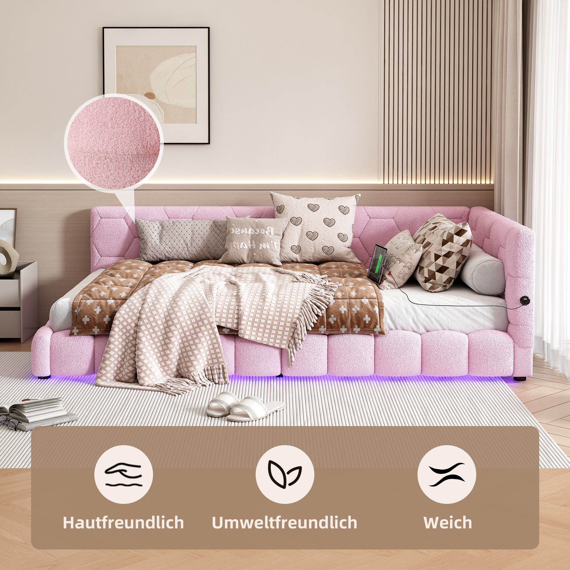 Logidon Daybed 90x200 roze slaapbank met USB TypeC lichte kleuren
