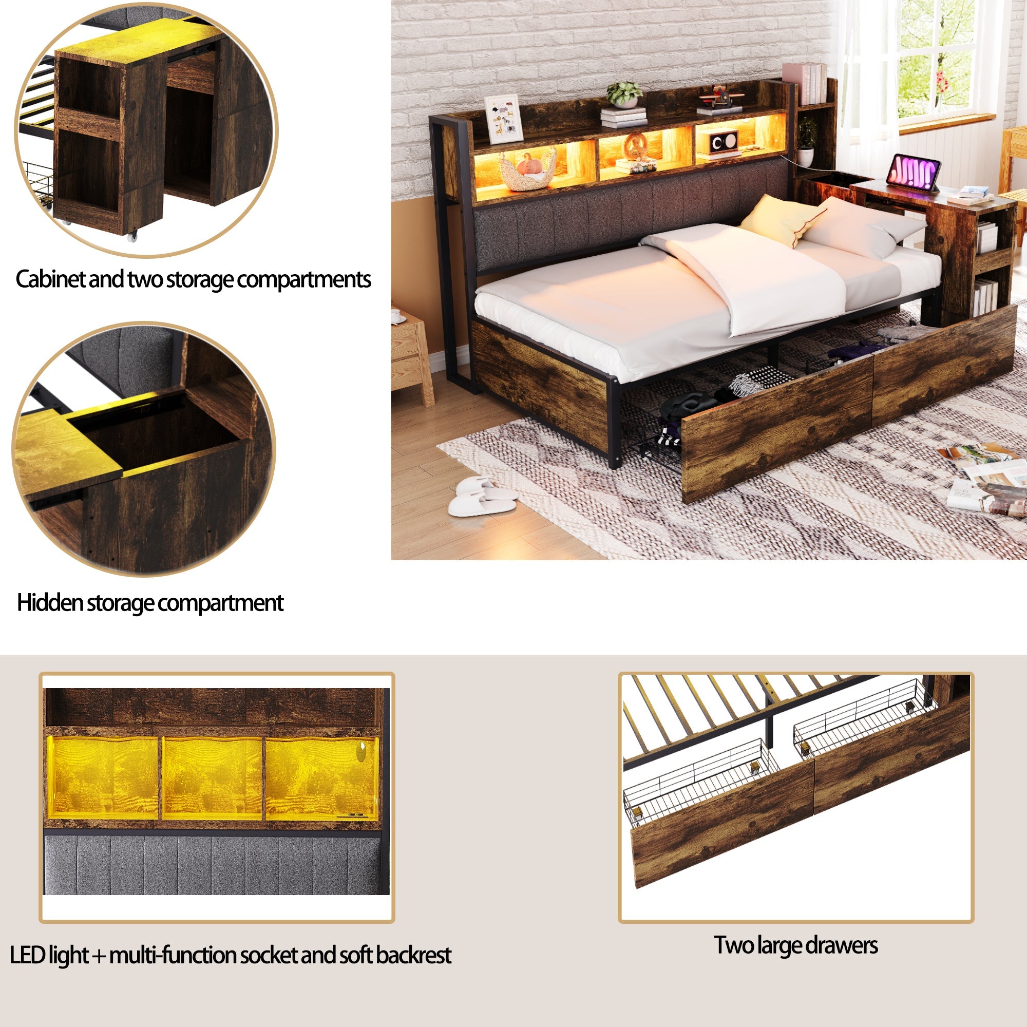 Logidon ijzeren slaapbank 90 x 200 cm houtlook opbergruimte LED