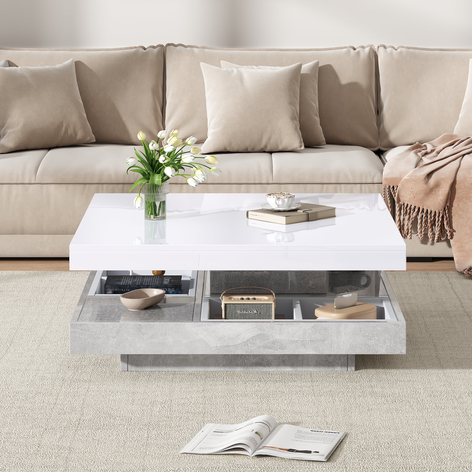 Logidon 360 graden draaibare salontafel 70x70x36 cm wit hoogglans