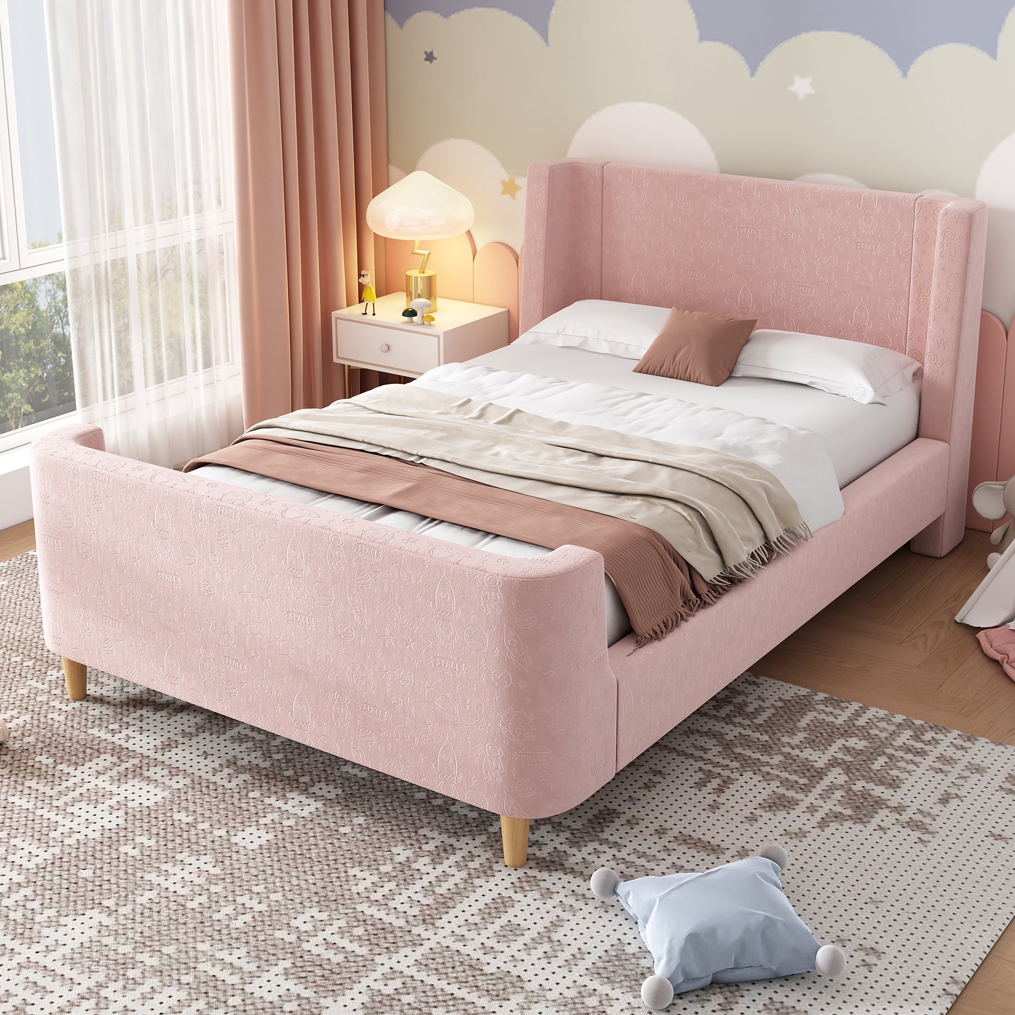 Logidon kinderbed gestoffeerd bed 90x200 roze fluweel sleebed Kosmos