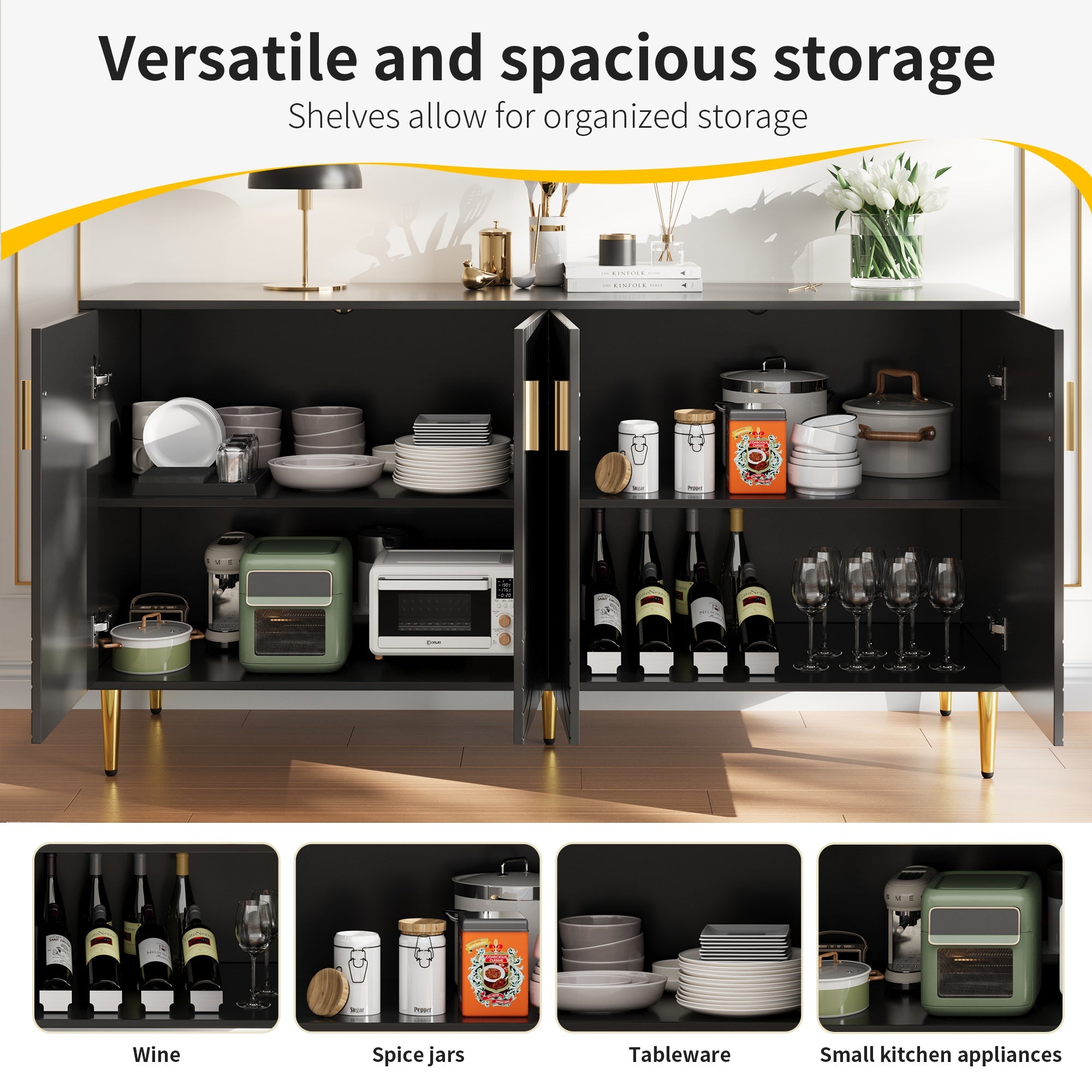 Logidon Zwart dressoir 152x40x75 cm golfdesign