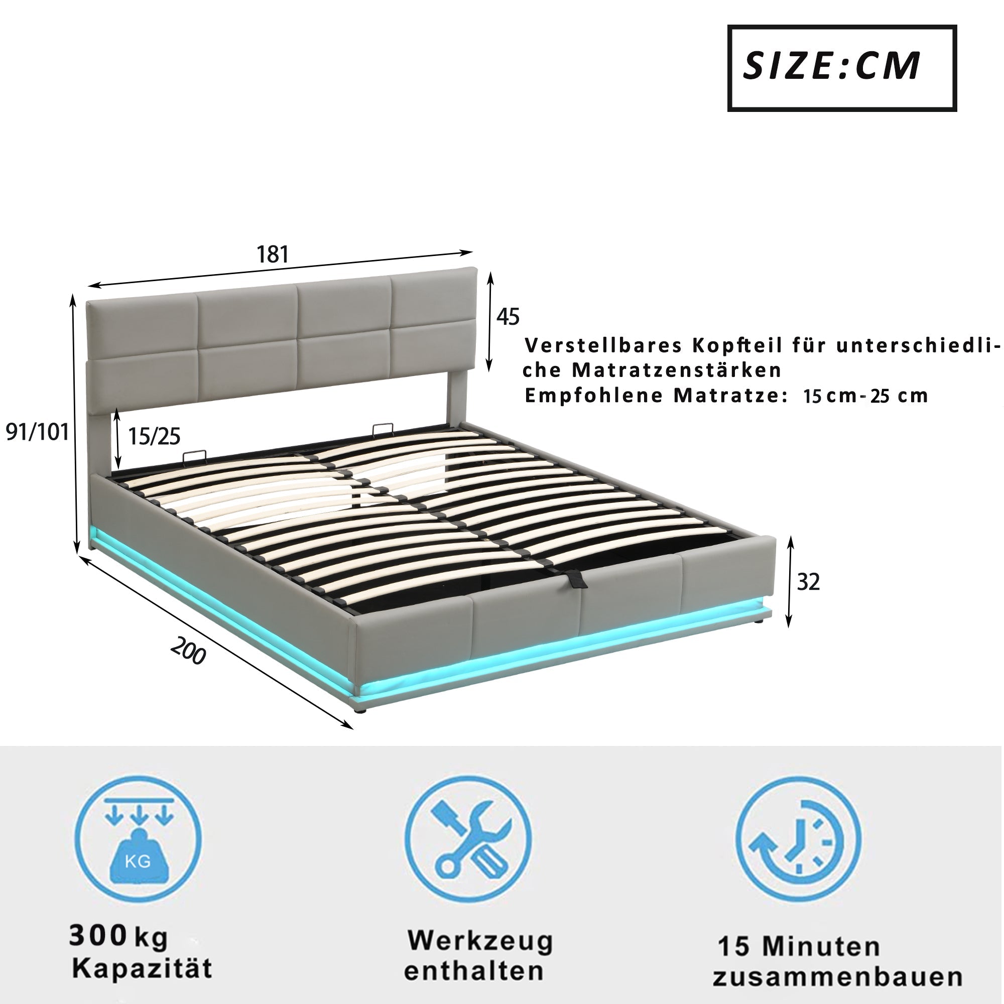 Logidon gestoffeerd bed 180x200 cm LED verlichting hydraulische bedbox cementgrijs