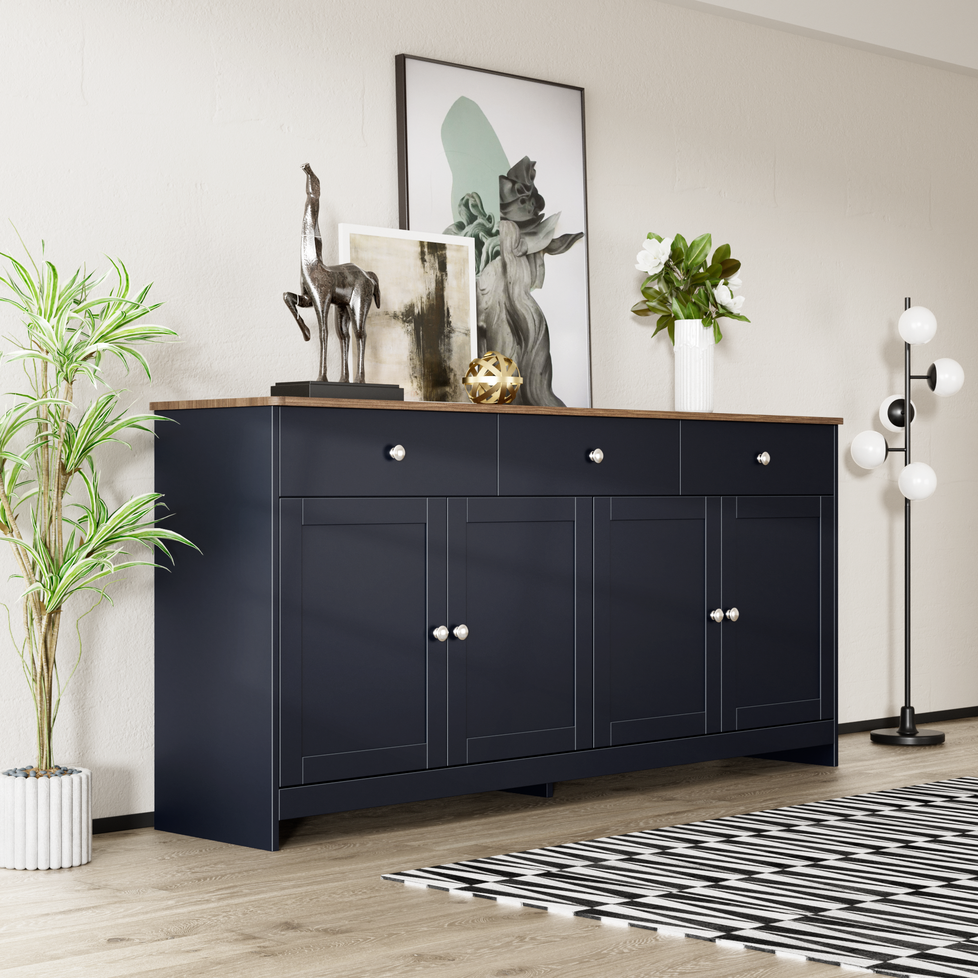 Logidon Dressoir Grijs Zwart Met Houtnerf 4 Deurs Drie Laden