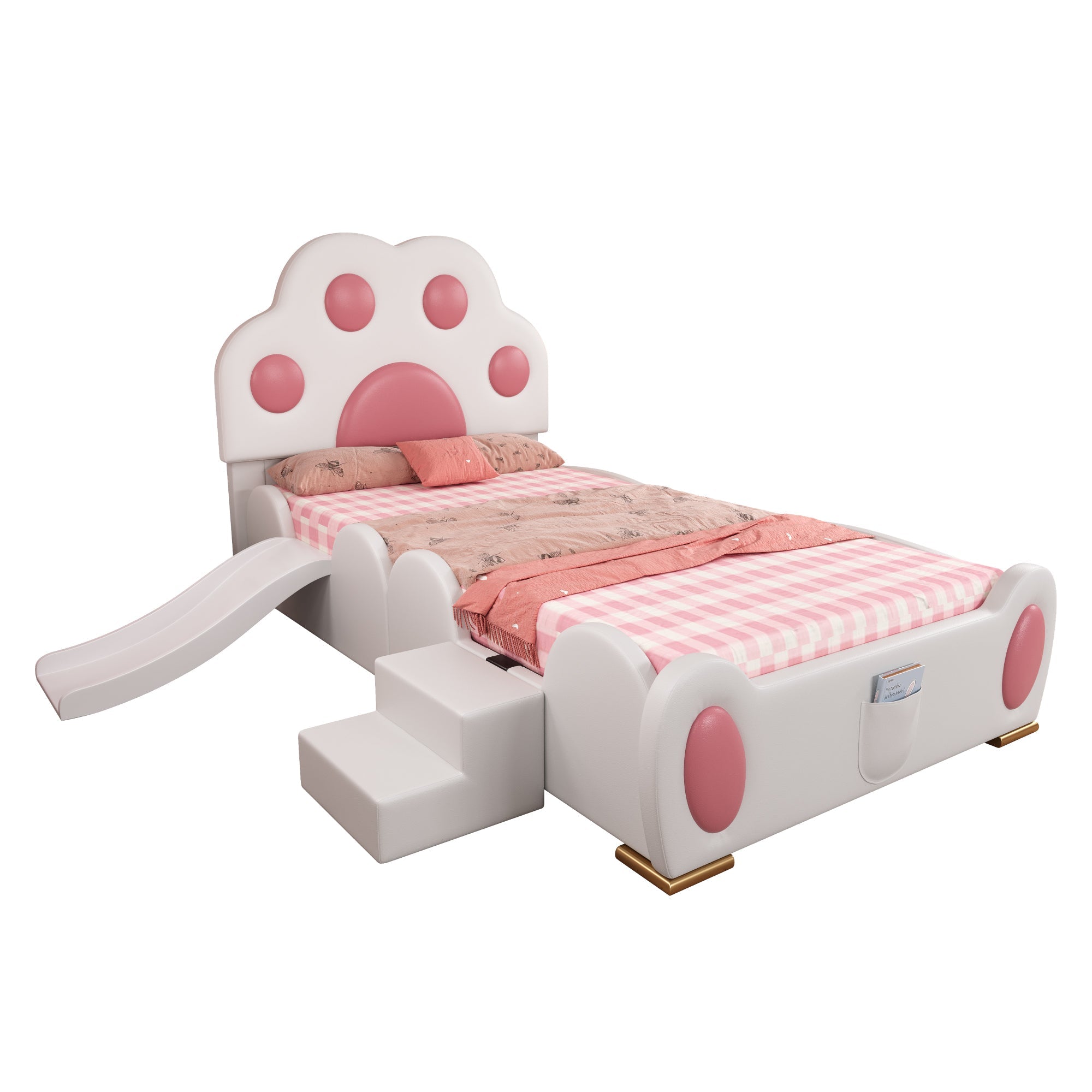 Logidon gestoffeerd bed 90x200 cm wit roze met kattenpoot hoofdeinde