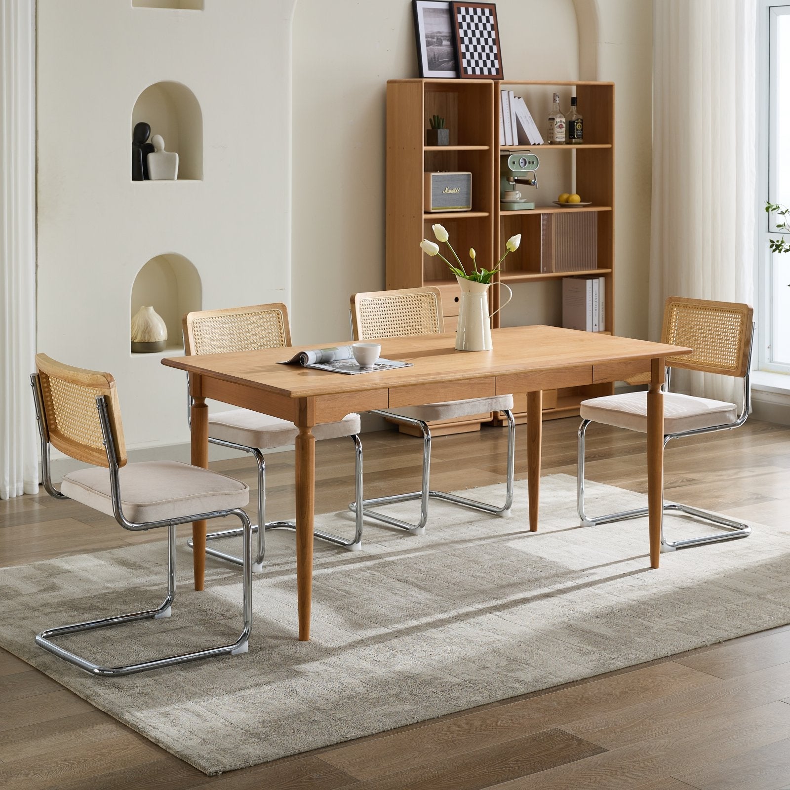 Logidon eettafel stoelen set van 2 velours zitting rotan rugleuning chroom frame beige