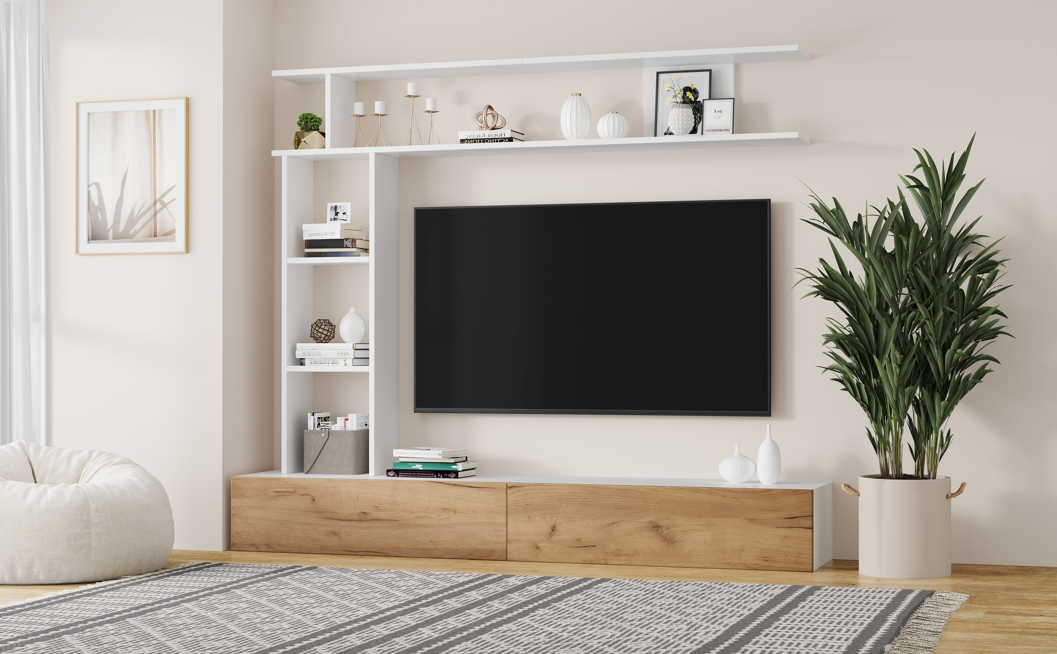 Logidon TV wandmeubel 180 cm wit houtlook met vitrinekasten