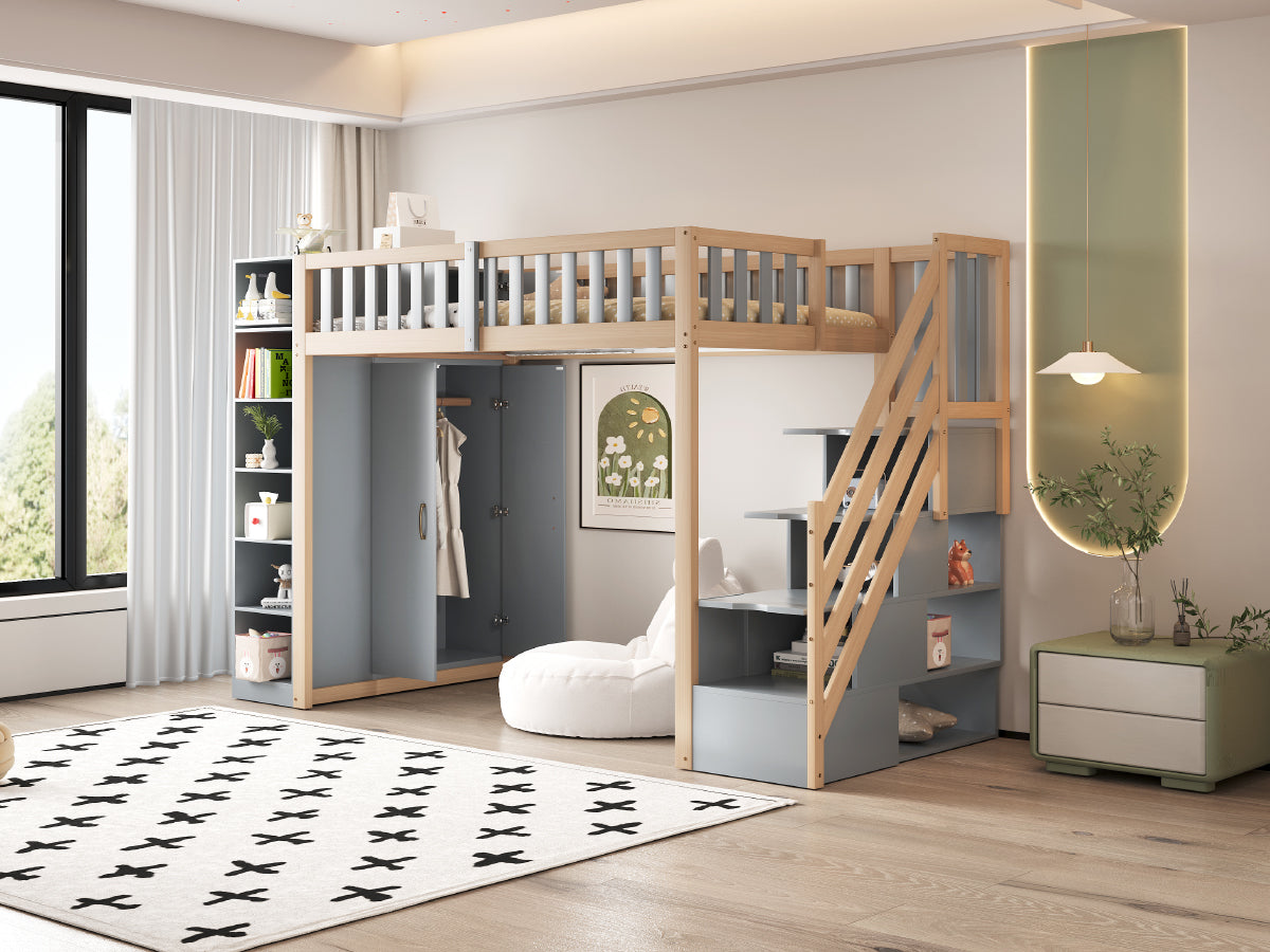 Logidon hoogslaper 90x200 multifunctioneel grijs natuurlijk hout met planken