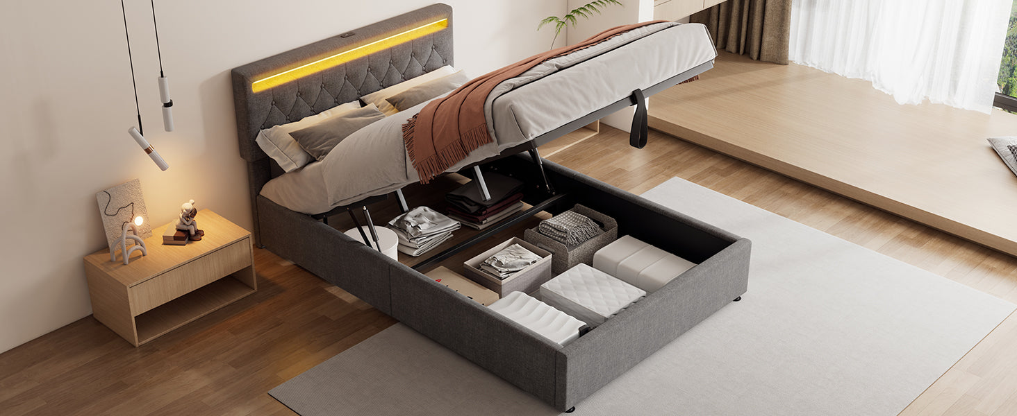 Logidon 140x200 cm gewatteerd bed met sfeerlichtopberger grijs