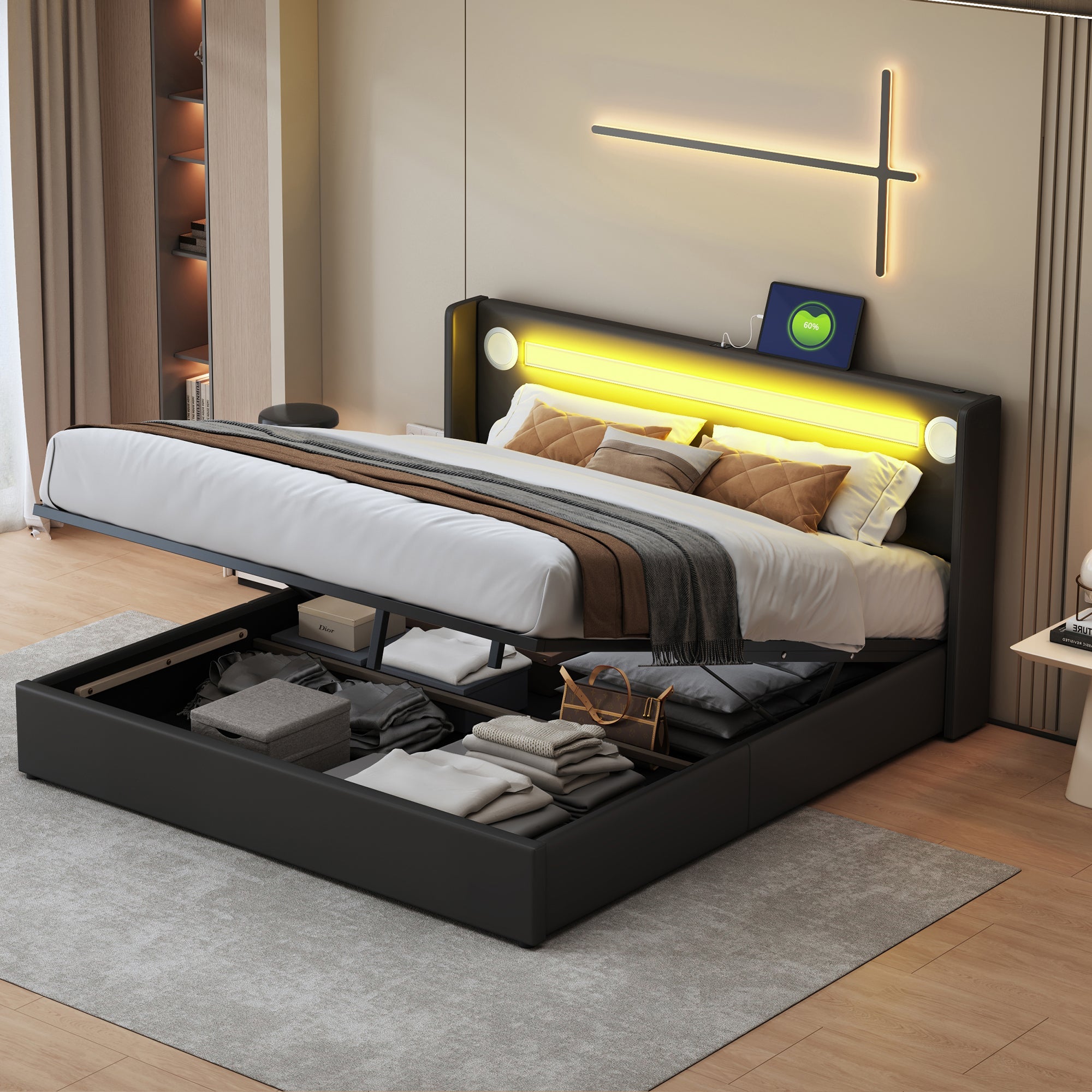 Logidon gestoffeerd bed 160x200 zwart met LED lichtstrip USB opladen