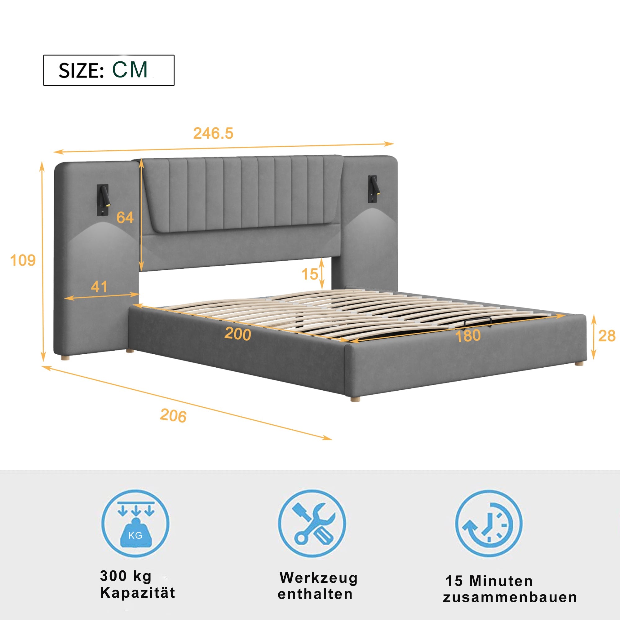 Logidon gestoffeerd bed 180x200 cm grijs met extra lange rugleuning