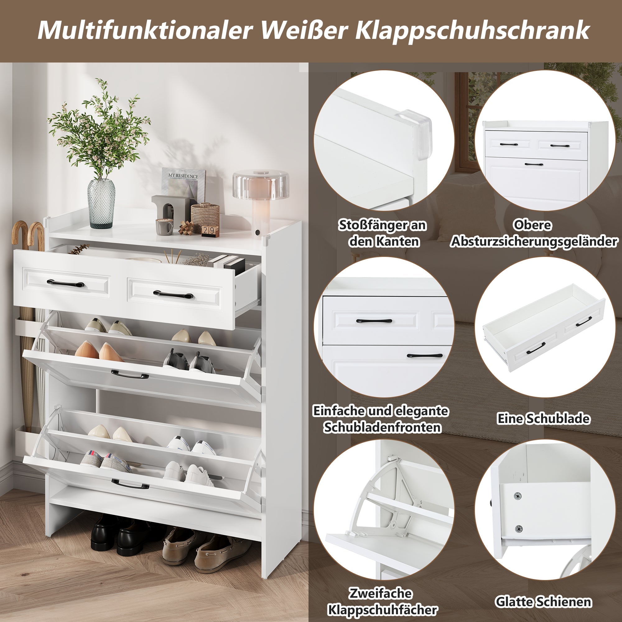 Logidon shoe cabinet white MDF 80 x 34 x 107.5 cm with 4 compartments and 1 drawer