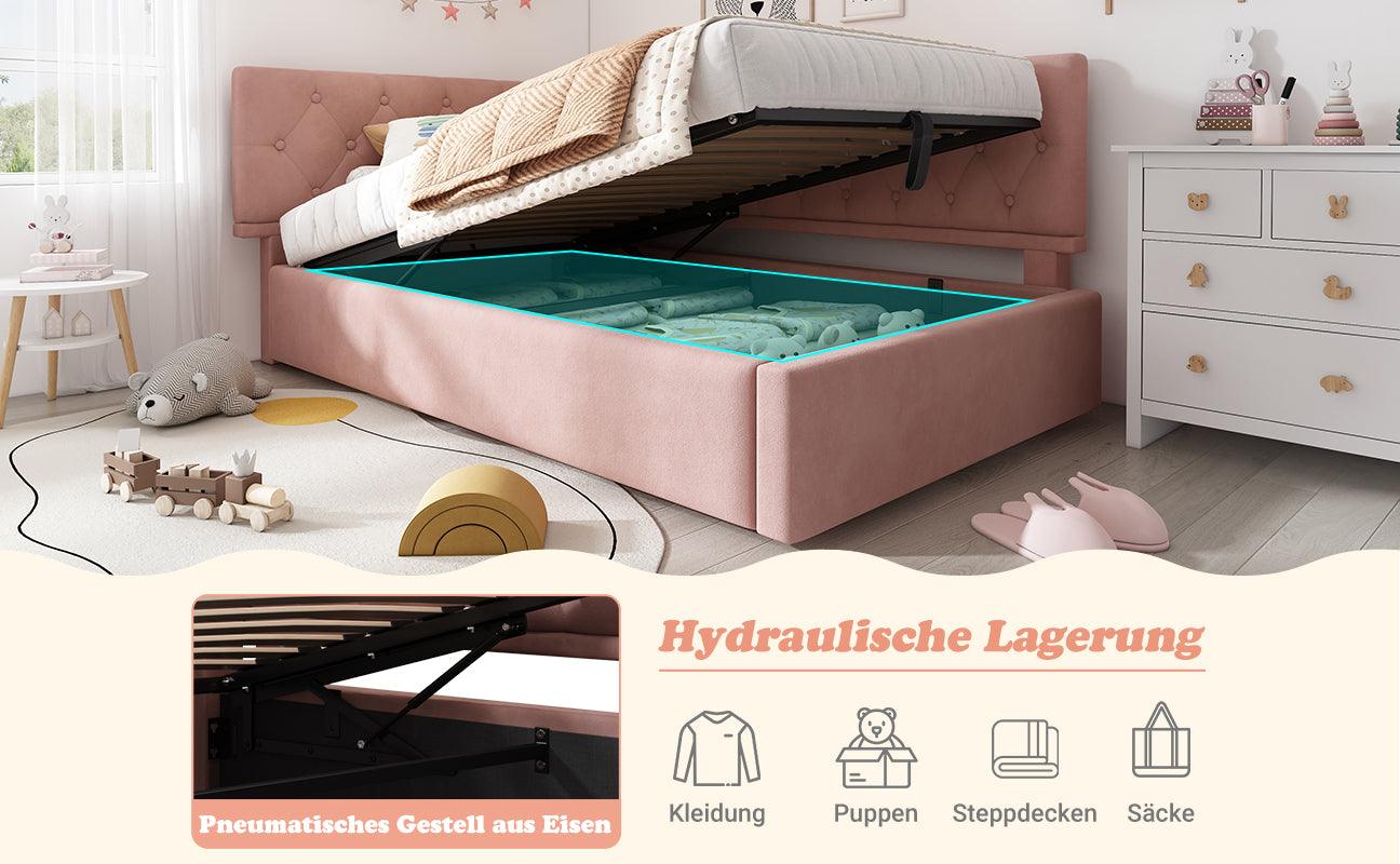 Logidon slaapbank 90x190 roze fluweel met hydraulische opbergruimte