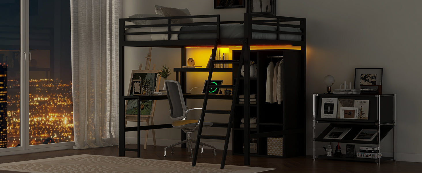 Logidon metalen hoogslaper 140x200 zwart met trap bureau USB LED