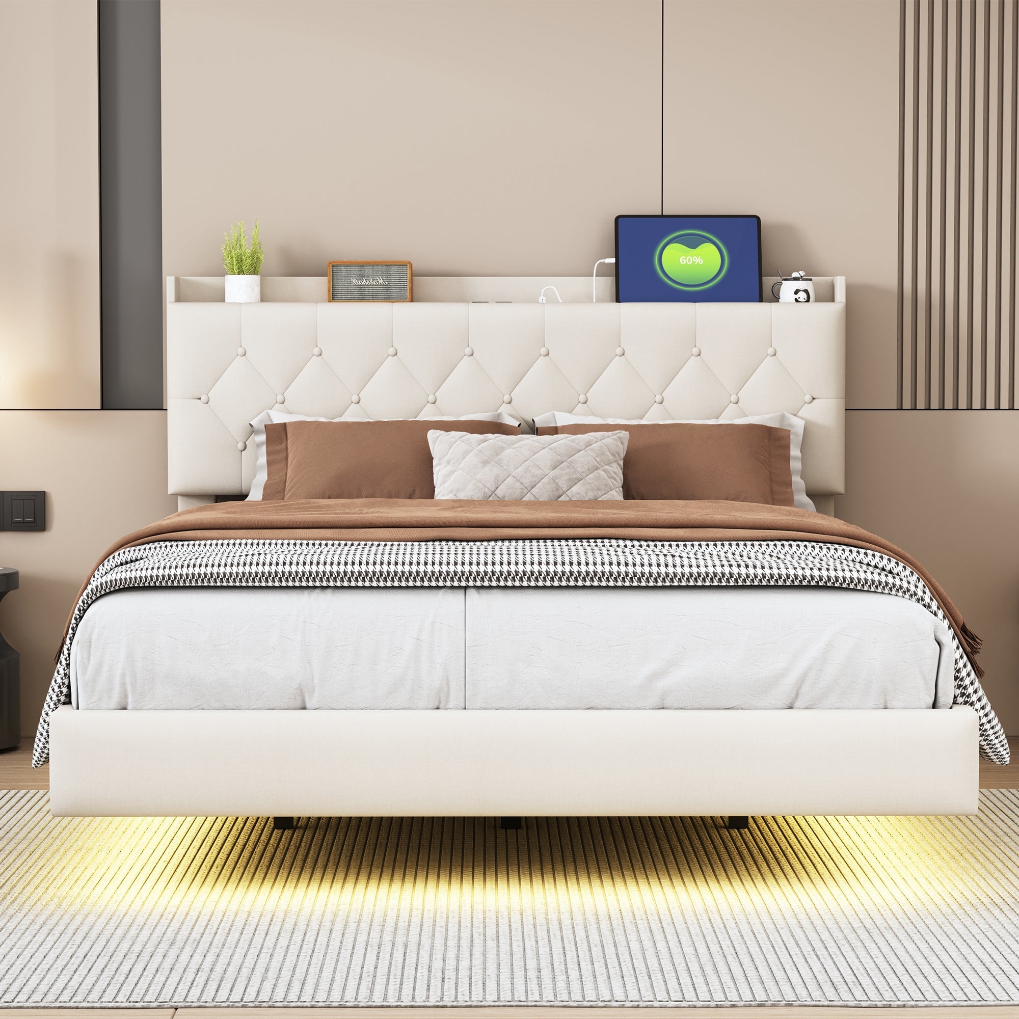 Logidon gestoffeerd bed 140x200 cm beige USB-oplaadpoort LED-lichtstrip