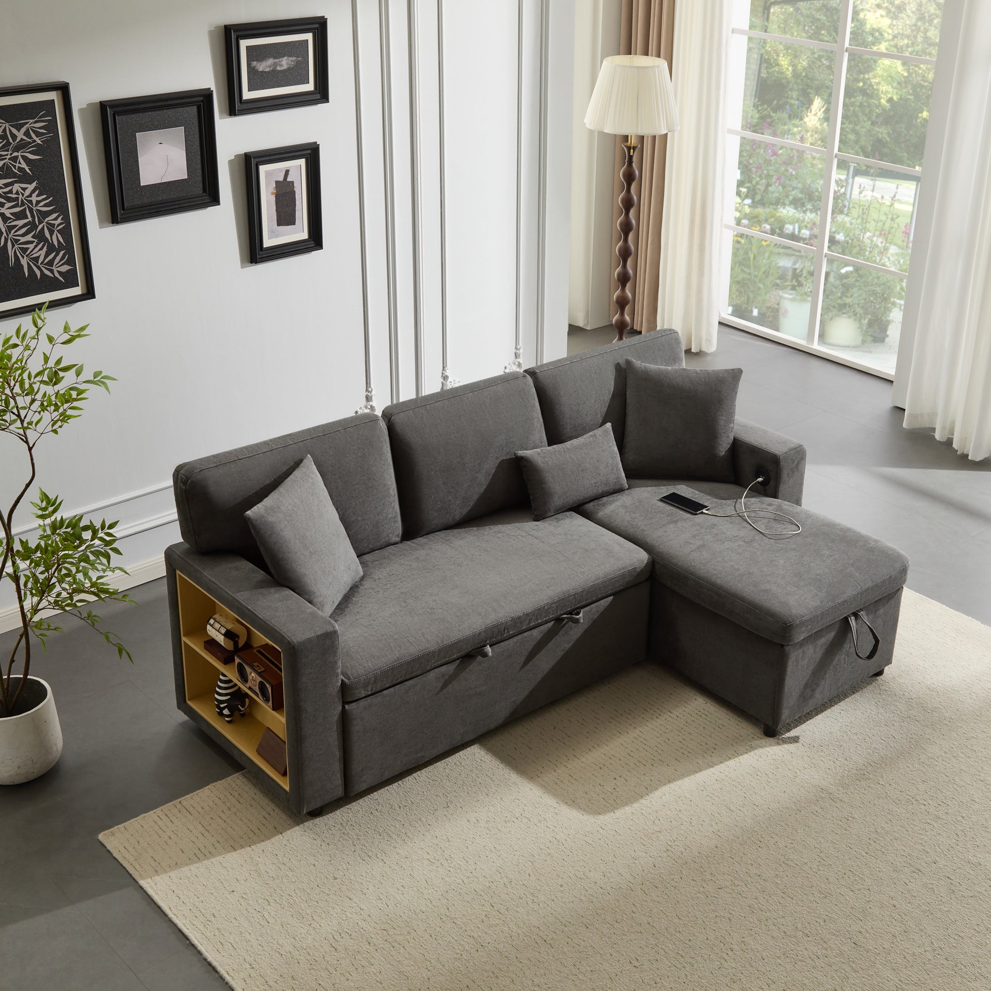 Logidon Corner Sofa Gray Extendable Bed With Bed Box Shelf 214x131