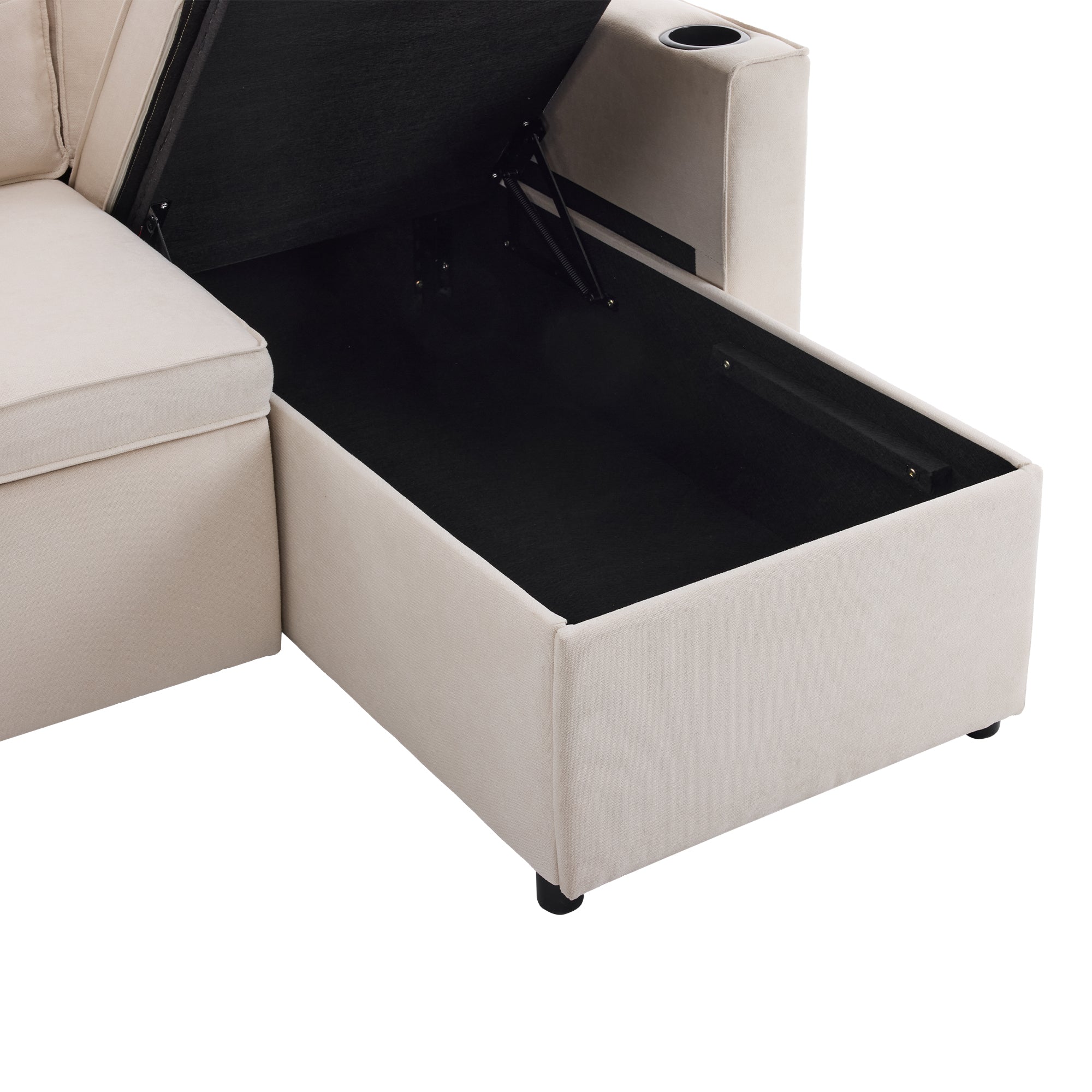 Logidon slaapbank L-vorm beige stof met opbergruimte en bekerhouder