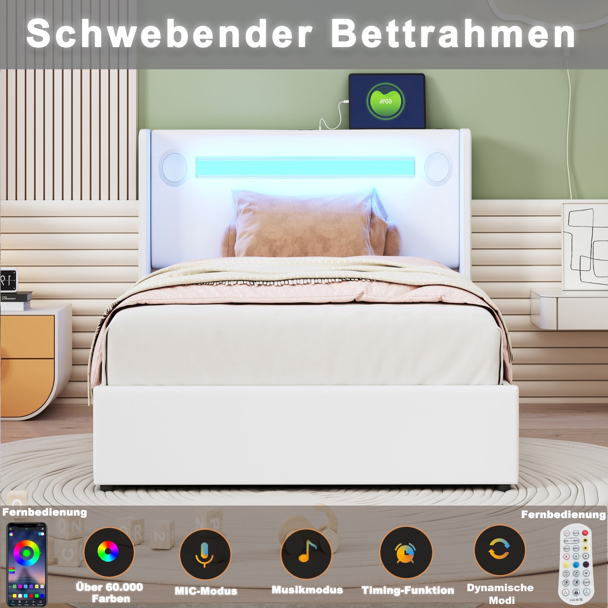 Logidon gestoffeerd bed 90x200 hoogslaper met LED lichtstrip USB wit