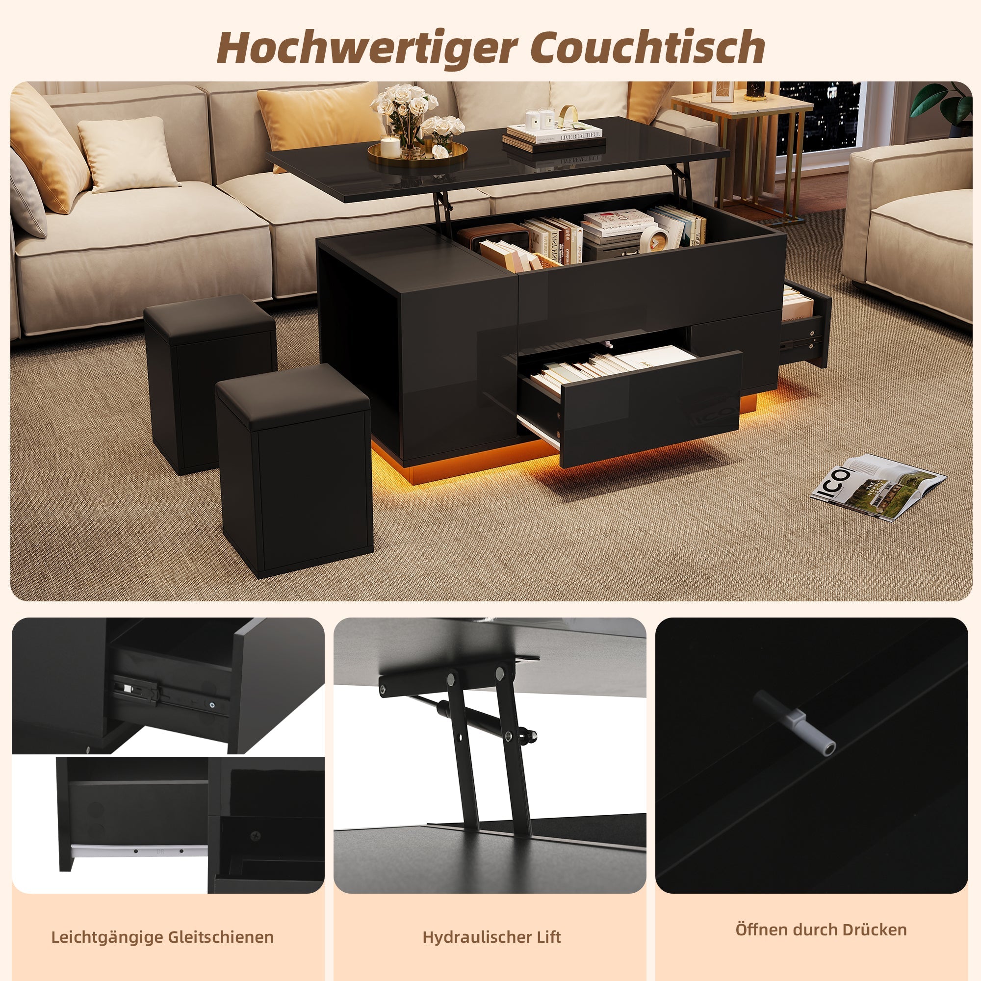 Logidon 4-in-1 in hoogte verstelbare salontafel zwart 100x50x45 cm LED