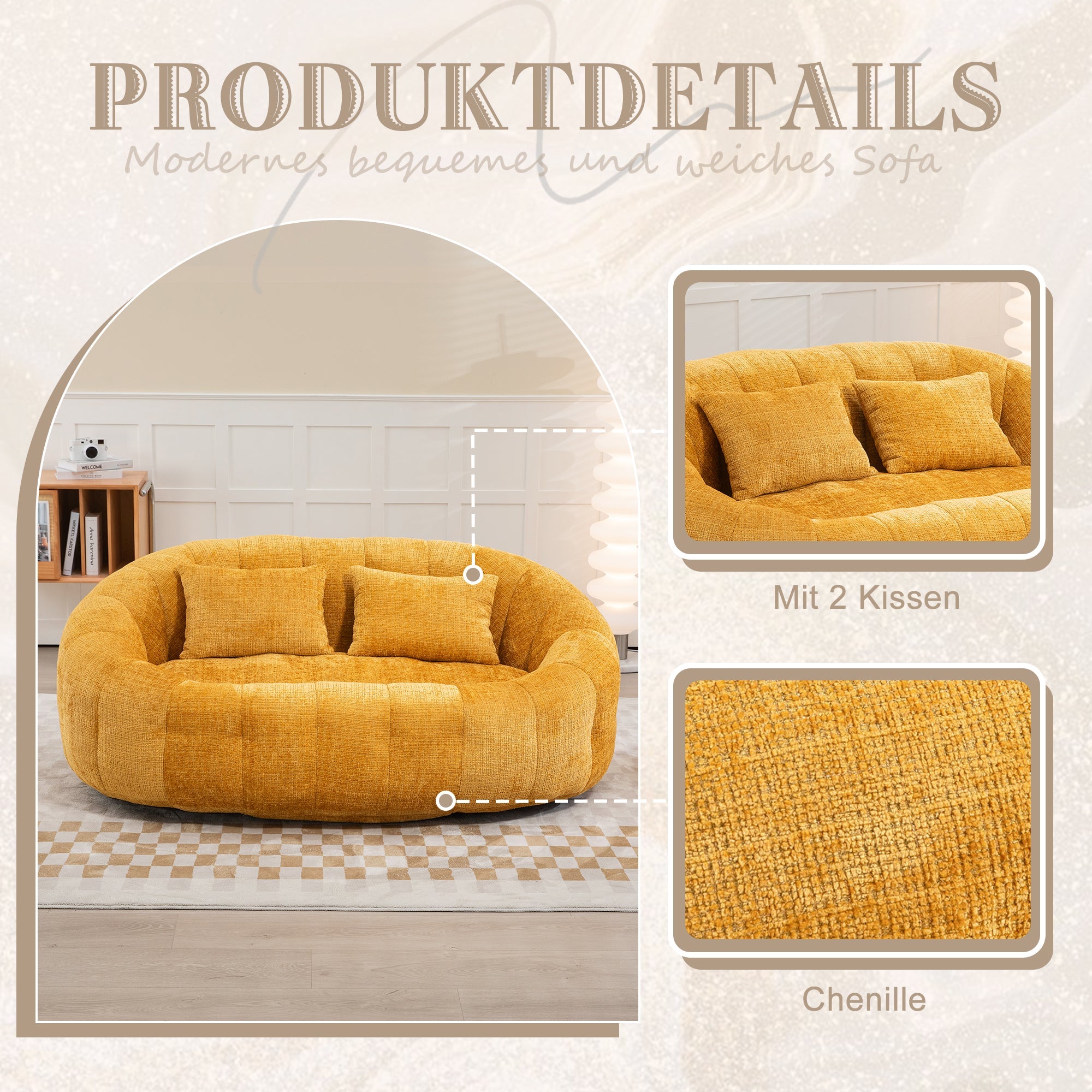Logidon Zitzakbank Luxe Chenille Geel Ligstoel met hoge rugleuning